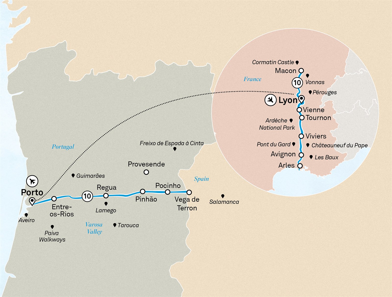 Unforgettable Douro & Spectacular South of France: Lyon to Porto Scenic itinerary route map for voyage DOFR091026.2