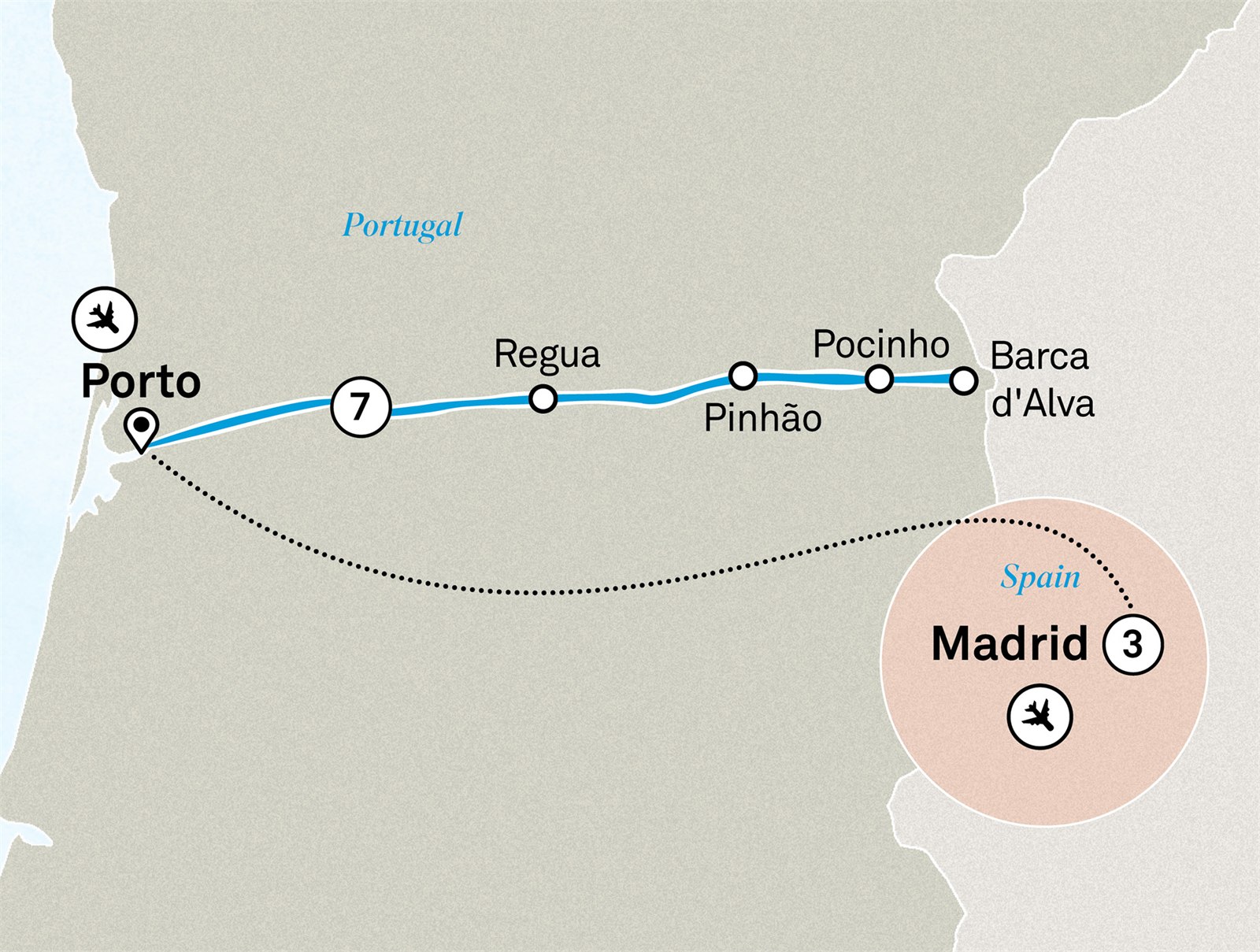 Delightful Douro with Madrid: Porto to Madrid Scenic itinerary route map for voyage DOUM250926.1