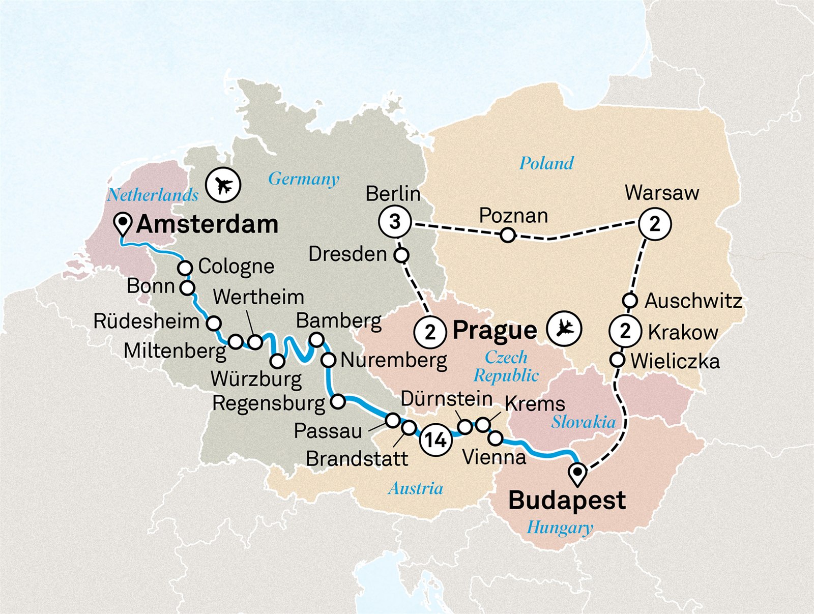 Jewels of Europe with Eastern Europe Explorer: Prague to Amsterdam Scenic itinerary route map for voyage EESC180827.1