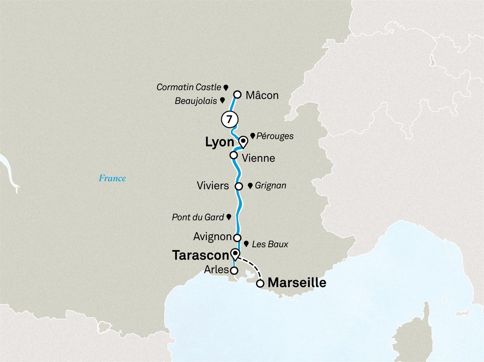 Idyllic Rhône: Lyon to Nice Scenic itinerary route map for voyage FCCC090727.1
