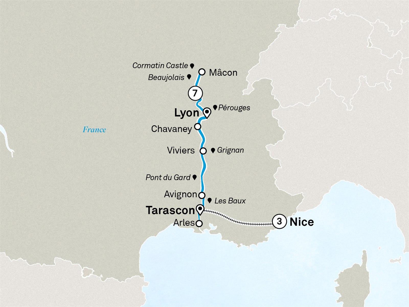 Idyllic Rhône with French Riviera: Lyon to Nice Scenic itinerary route map for voyage FCCN220827.1