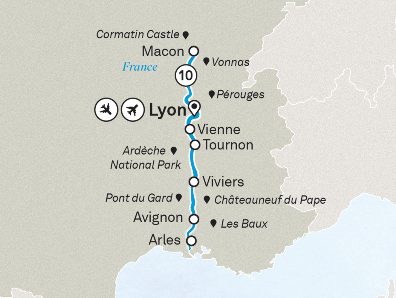 Spectacular South of France: Lyon to Lyon Scenic itinerary route map for voyage FRAC200527.1