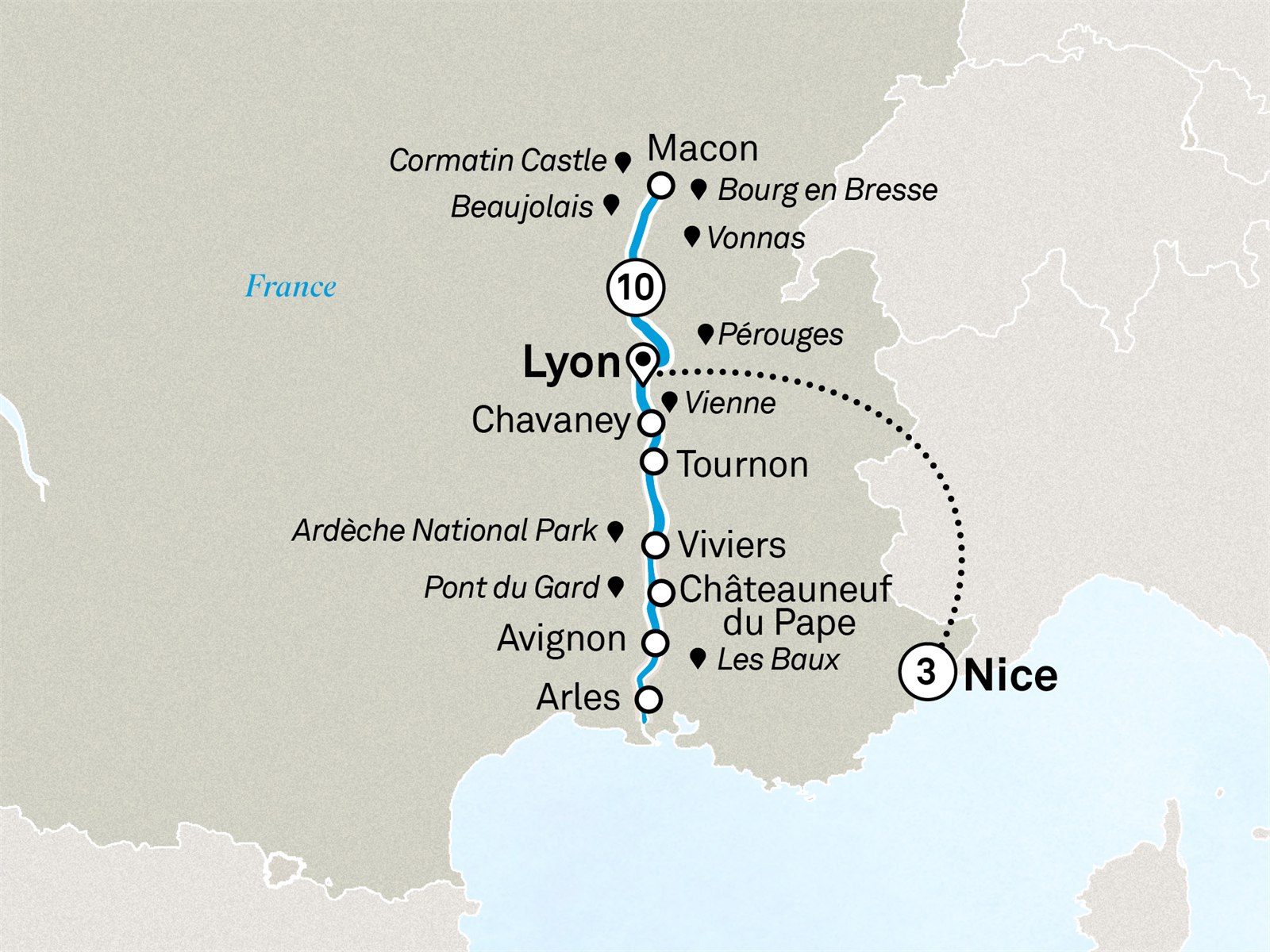 Spectacular South of France with French Riviera: Lyon to Nice Scenic itinerary route map for voyage FRAN200527.1