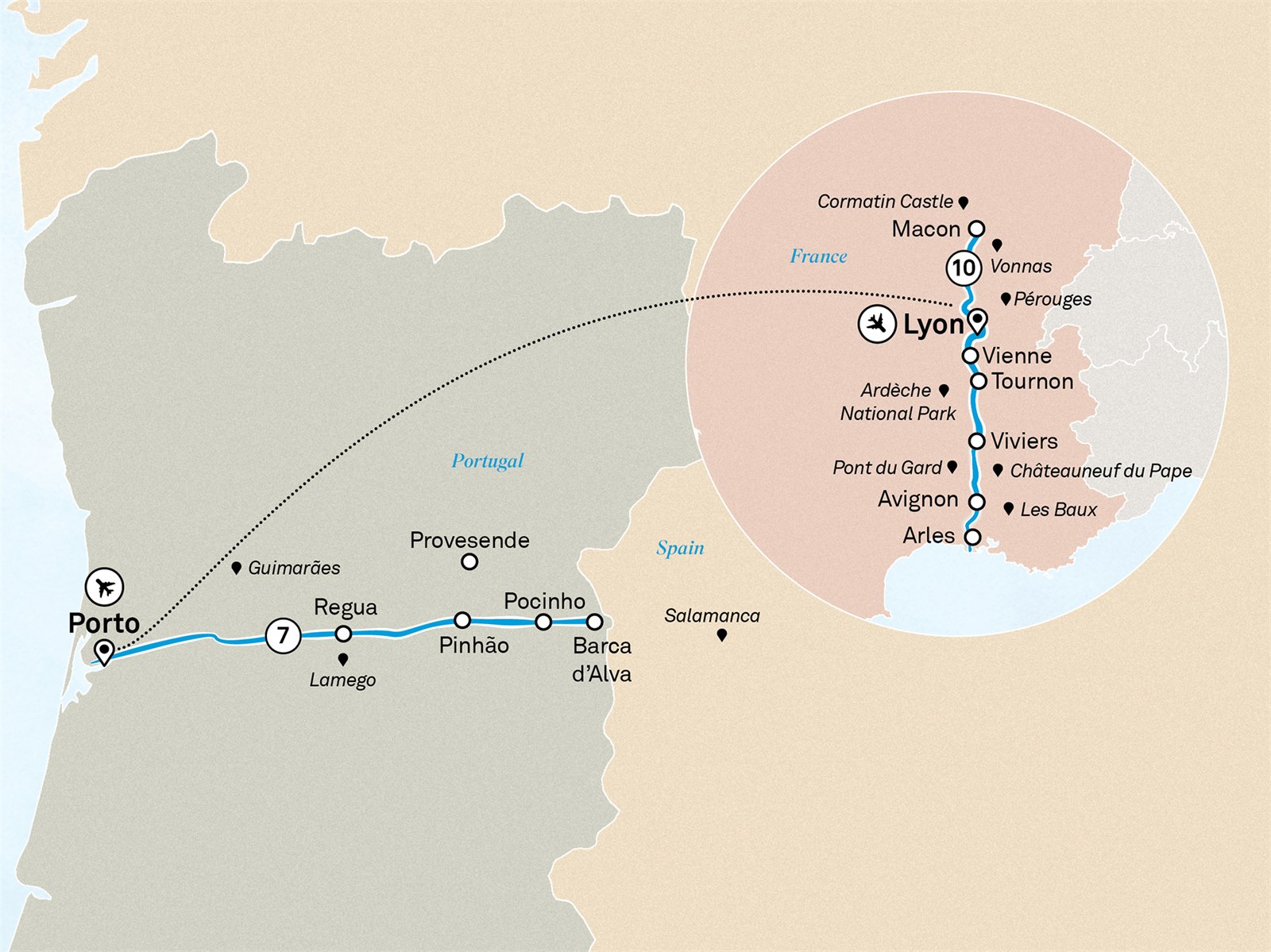 Spectacular South of France & Delightful Douro: Lyon to Porto Scenic itinerary route map for voyage FRDS291026.1