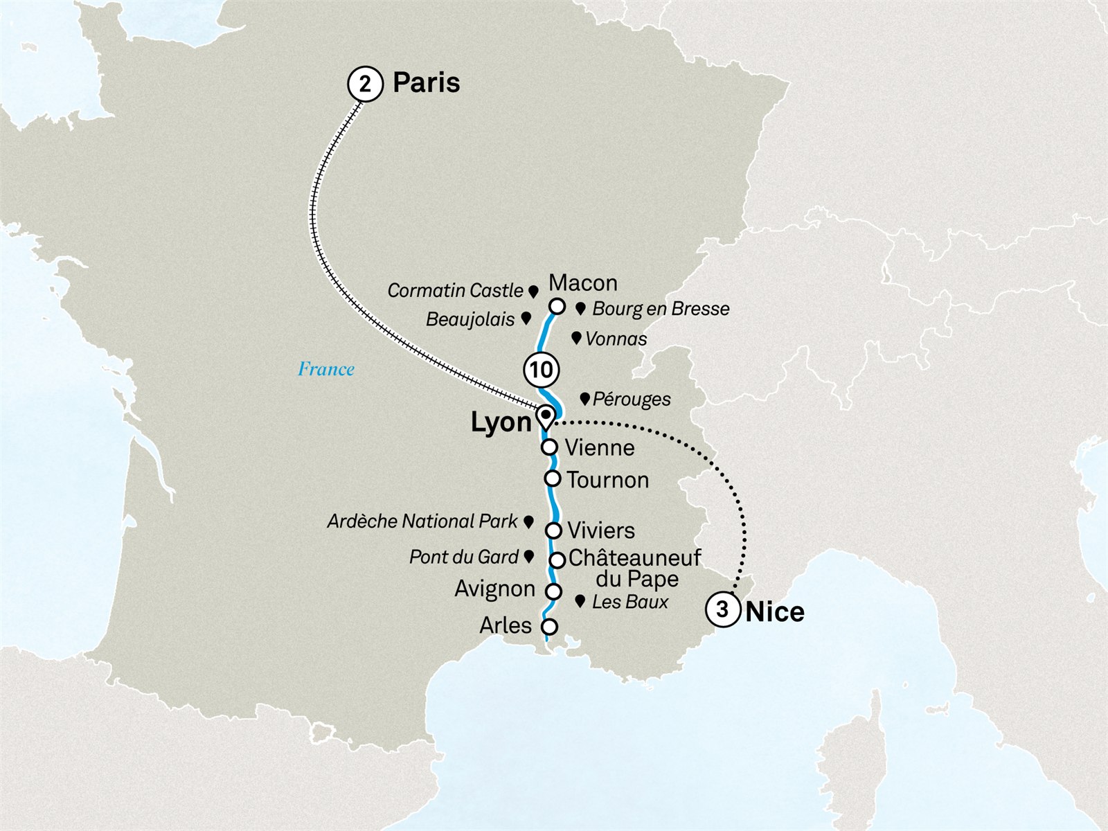 Spectacular South of France with Paris & the French Riviera: Paris to Nice Scenic itinerary route map for voyage FRPN030927.1