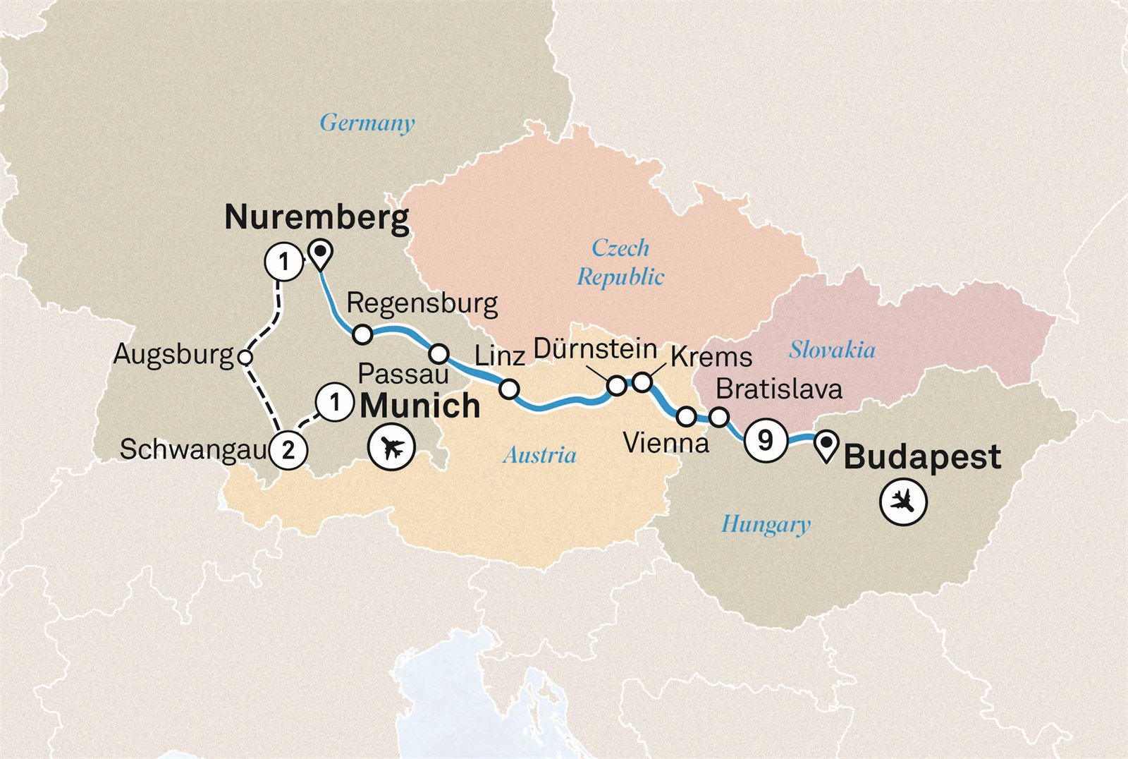 Danube In Depth with Best of Bavaria: Munich to Budapest Scenic itinerary route map for voyage GHBB091126.1W