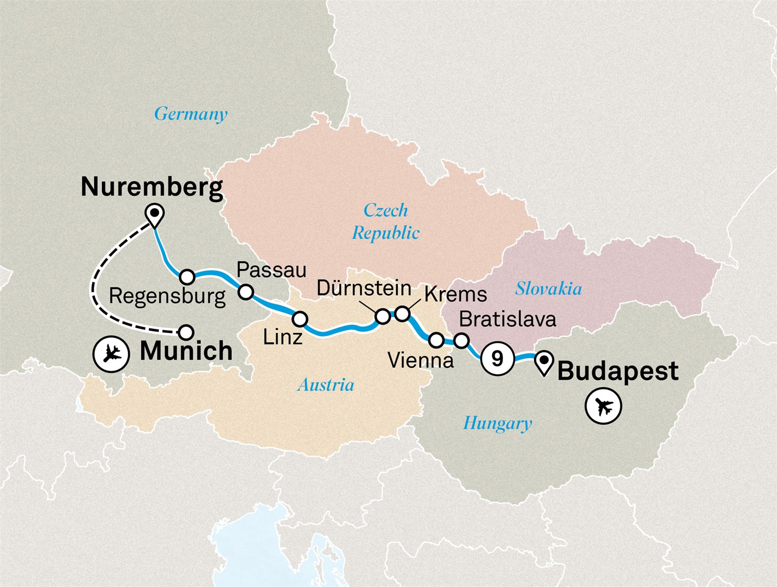 Danube in Depth: Munich to Budapest Scenic itinerary route map for voyage GHMB030827.1