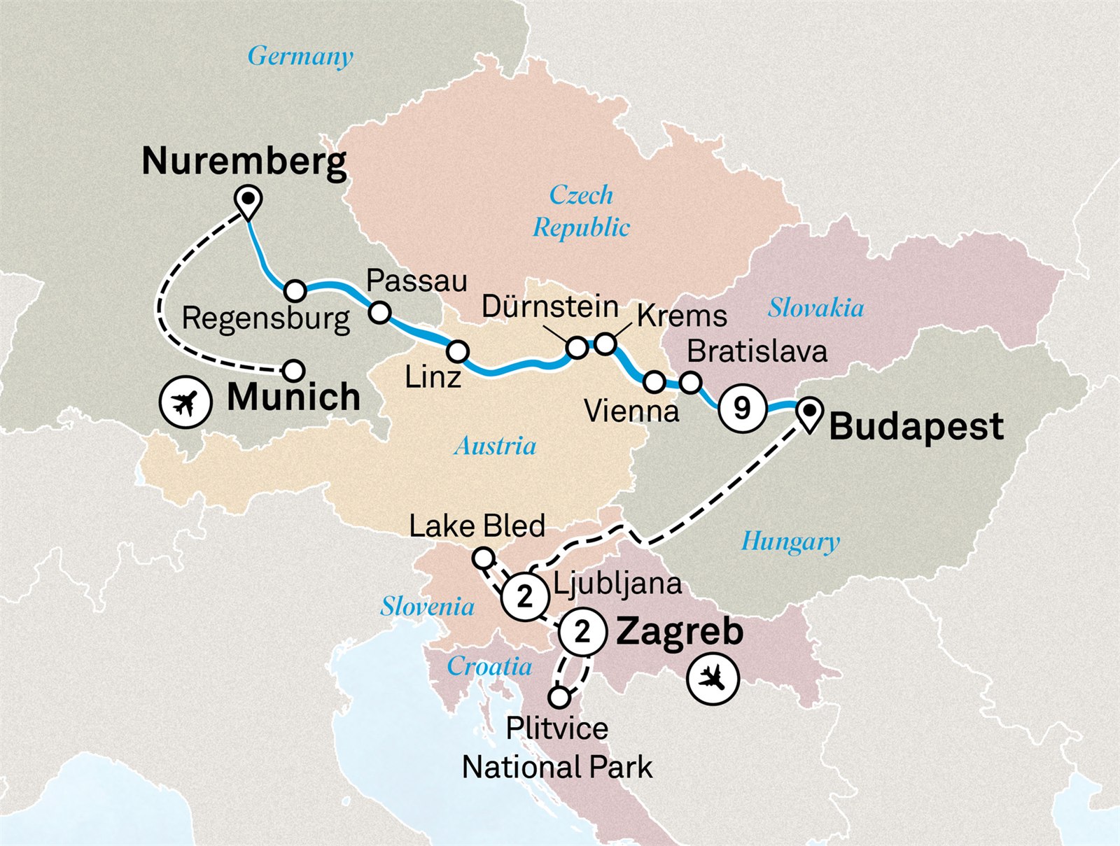 Danube in Depth with Ljubljana & Zagreb: Munich to Zagreb Scenic itinerary route map for voyage GHMZ310527.1