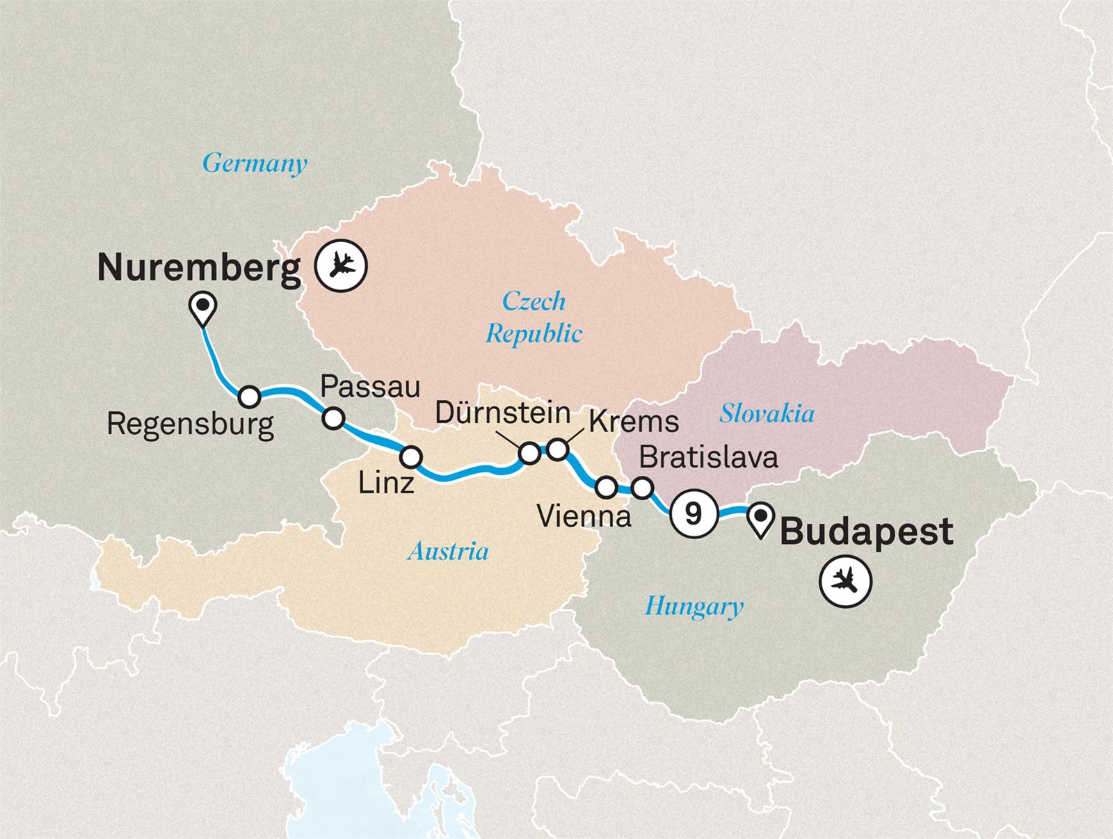 Danube in Depth: Nuremberg to Budapest Scenic itinerary route map for voyage GHNB131126.1W