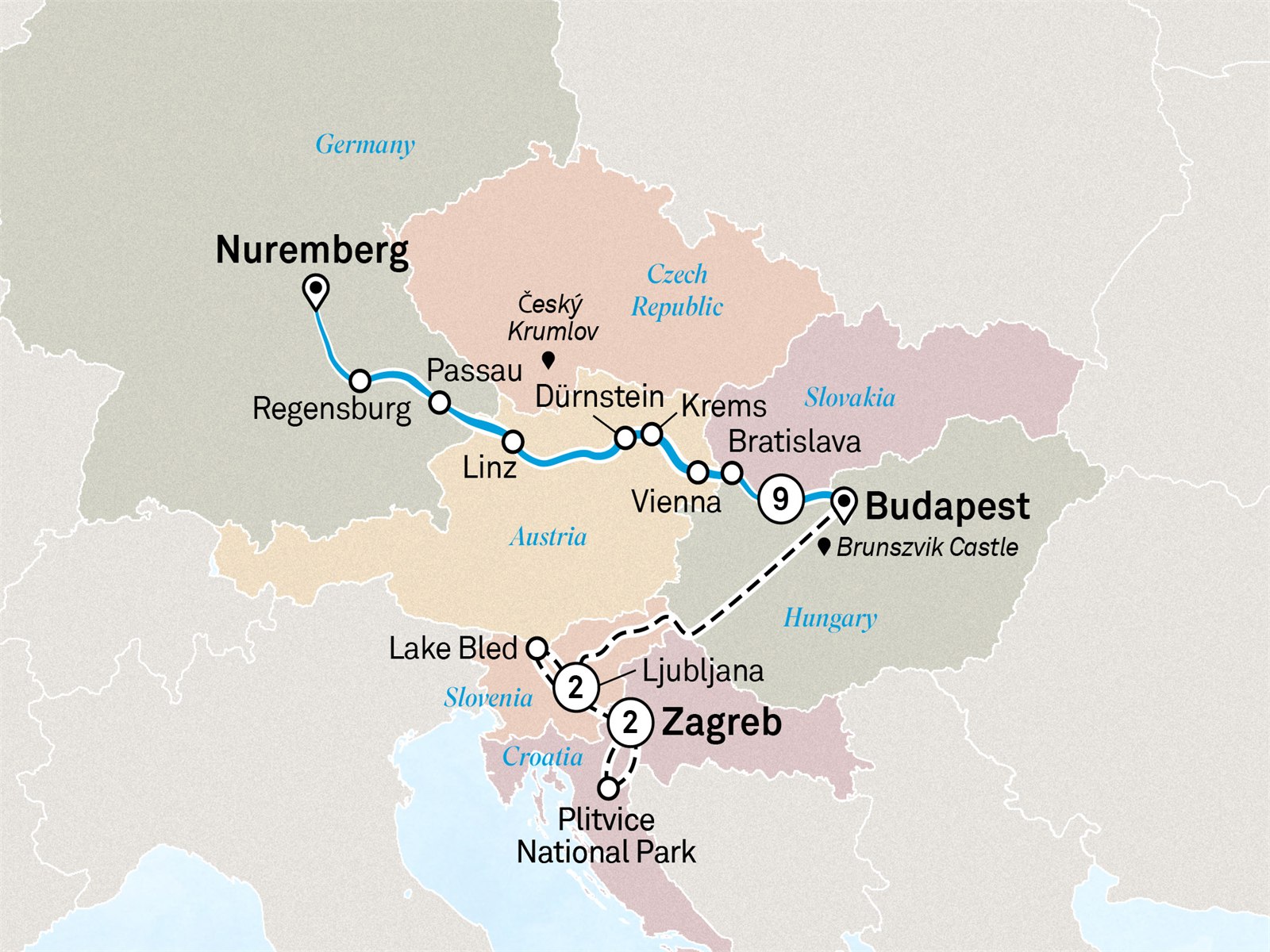 Danube in Depth with Ljubljana & Zagreb: Nuremberg to Zagreb Scenic itinerary route map for voyage GHNZ030526.1