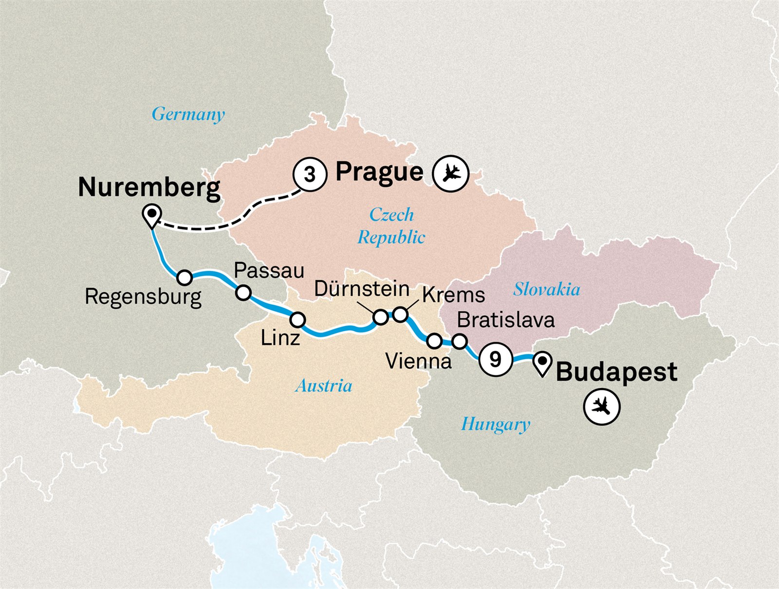 Danube in Depth with Prague: Prague to Budapest Scenic itinerary route map for voyage GHPB310727.1