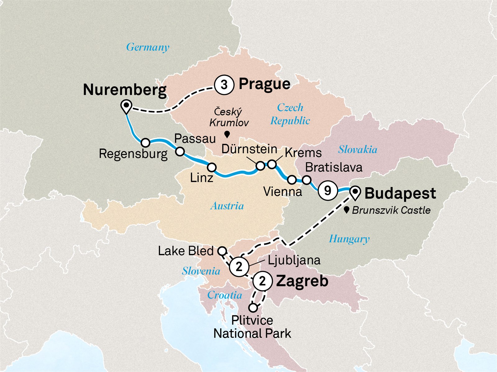 Danube in Depth with Prague, Ljubljana & Zagreb Scenic itinerary route map for voyage GHZP250826.1