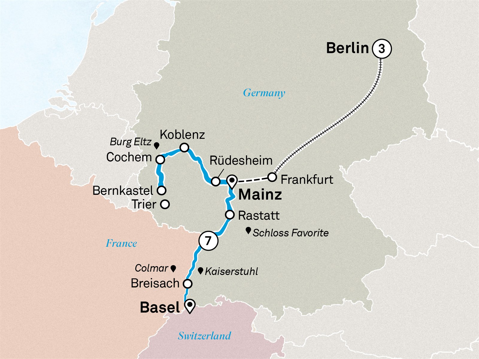 Castles & Vineyards of the Rhine & Moselle with Berlin: Berlin to Basel Scenic itinerary route map for voyage GSBB031027.1