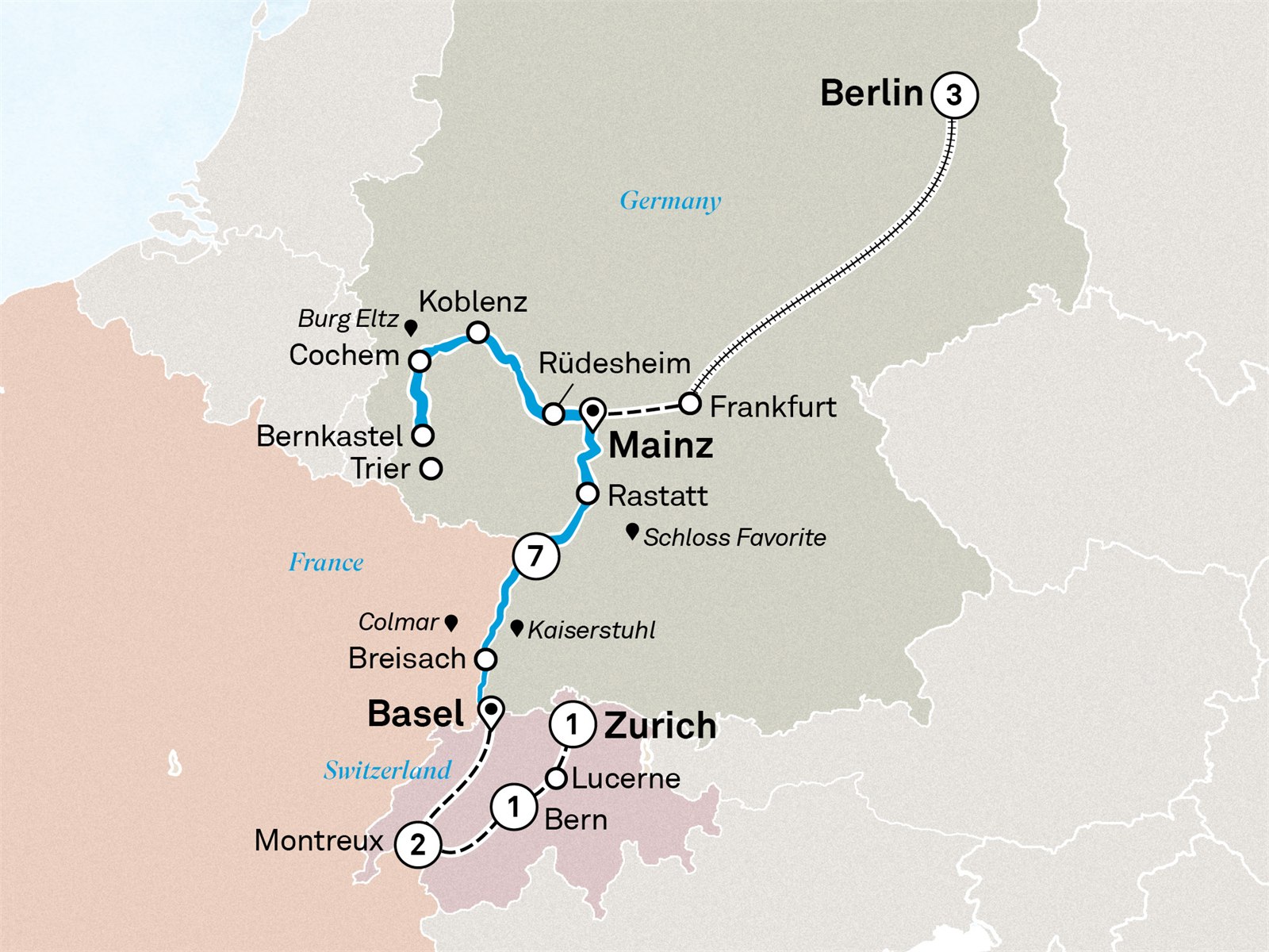 Castles & Vineyards of the Rhine & Moselle with Berlin: Zurich to Berlin Scenic itinerary route map for voyage GSBS250927.2