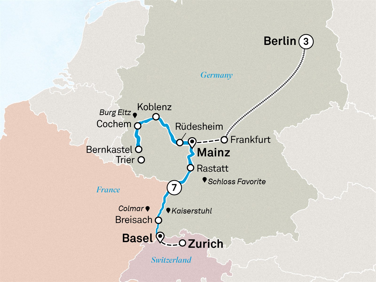 Castles & Vineyards of the Rhine & Moselle with Berlin: Berlin to Zurich Scenic itinerary route map for voyage GSBZ180727.1