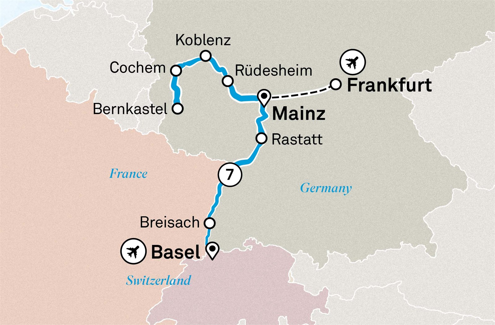 Castles & Vineyards of the Rhine & Moselle: Basel to Mainz Scenic itinerary route map for voyage GSMB290927.2