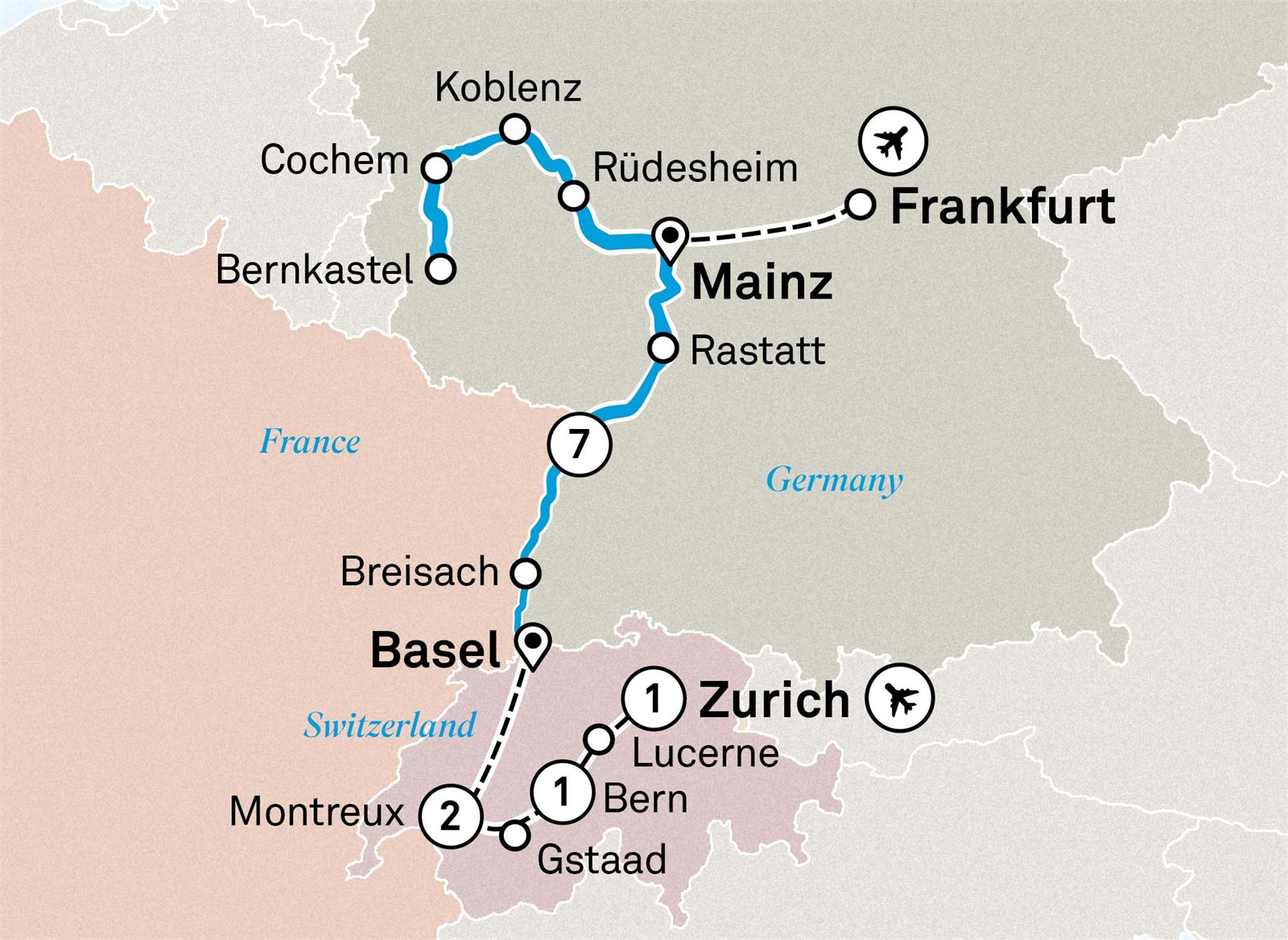 Charming Castles & Vineyards of the Rhine & Moselle with Switzerland: Zurich to Frankfurt Scenic itinerary route map for voyage GSMS260926.2