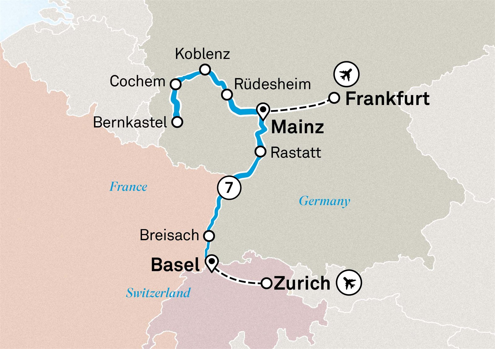 Charming Castles & Vineyards of the Rhine & Moselle: Zurich to Frankfurt Scenic itinerary route map for voyage GSMZ300926.2