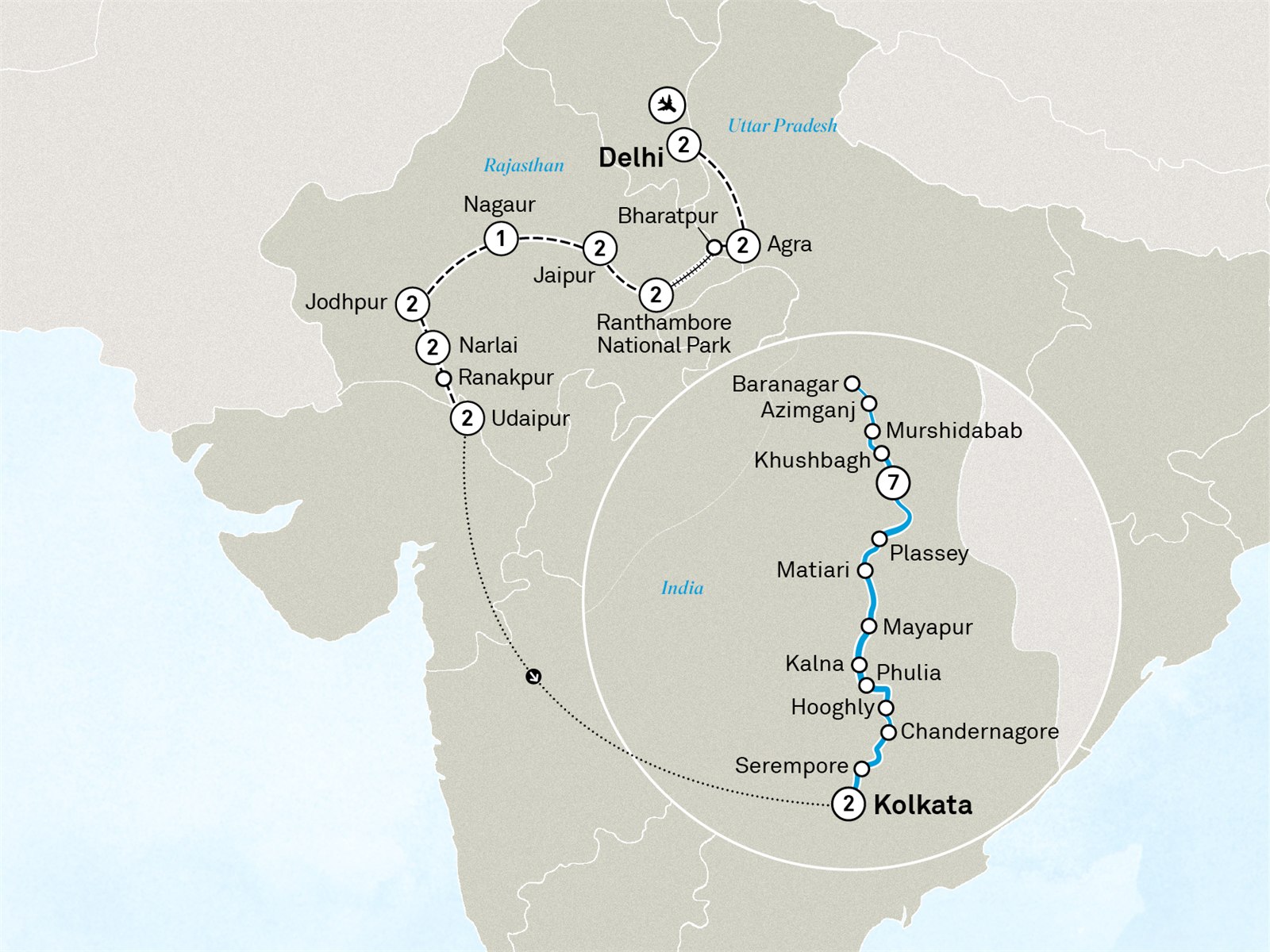 Royal Rajasthan & Luxury Lower Ganges River Cruise: Delhi to Kolkata Scenic itinerary route map for voyage ICDU250927.1
