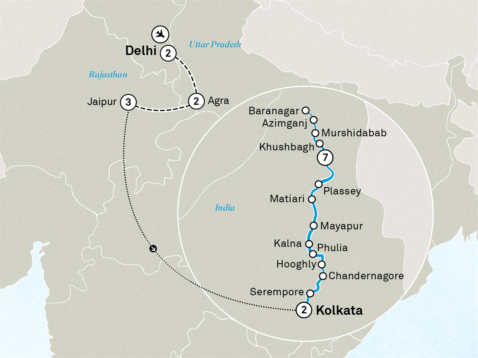 Golden Triangle and Luxury Lower Ganges River Cruise: Delhi to Kolkata Scenic itinerary route map for voyage ICGT060228.1