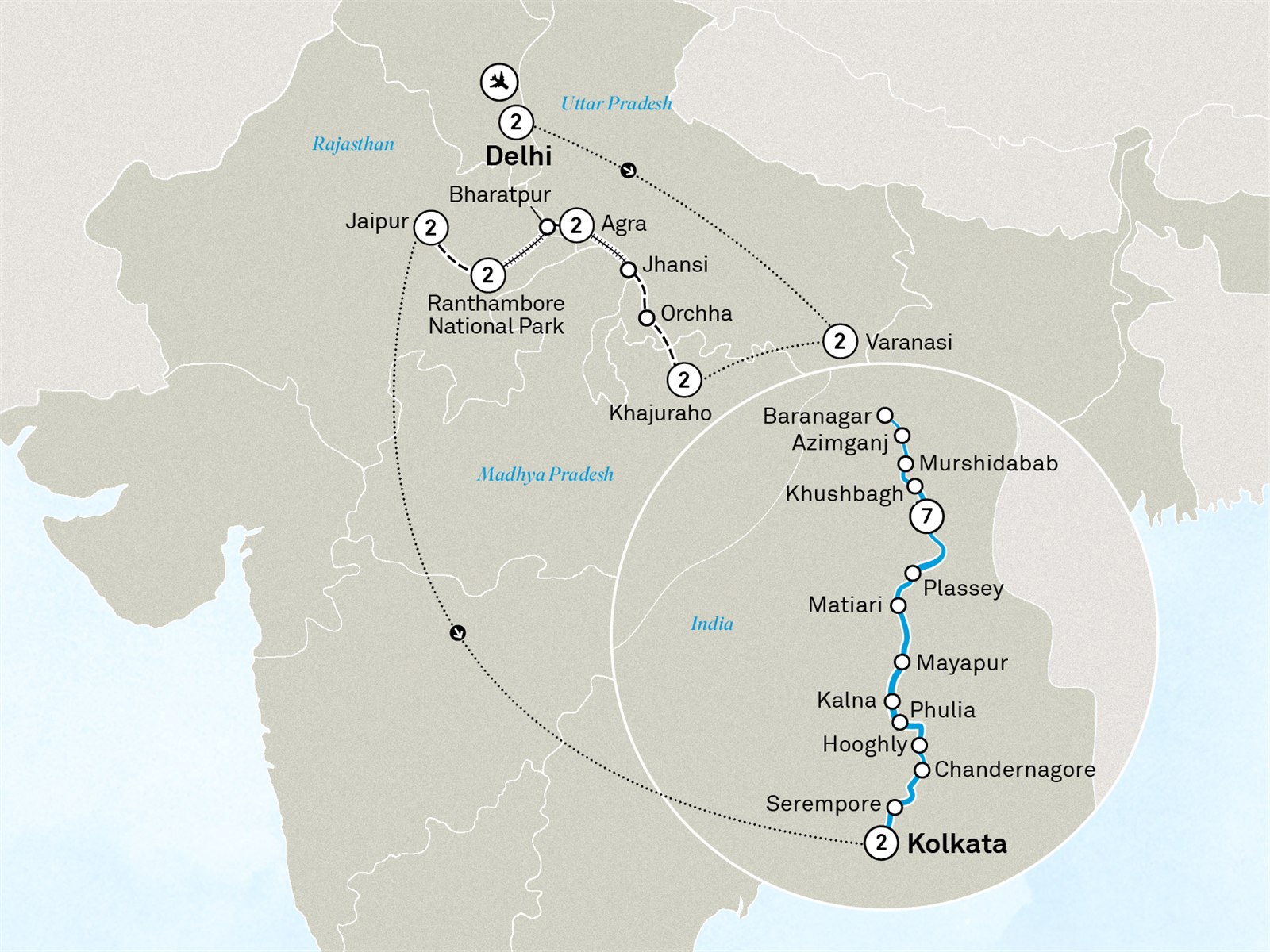 Jewels of North India & Luxury Lower Ganges River Cruise: Delhi to Kolkata Scenic itinerary route map for voyage ICNI301127.1