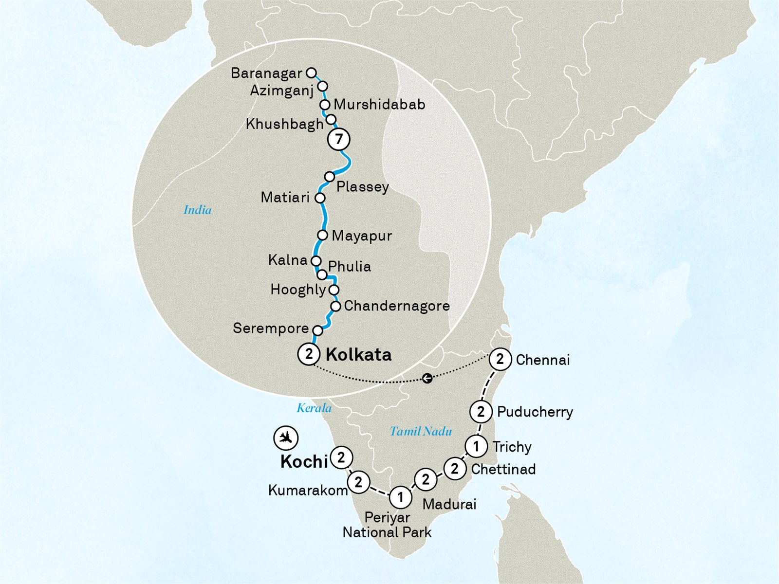 Colours of South India & Luxury Lower Ganges River Cruise: Kochi to Kolkata Scenic itinerary route map for voyage ICSI300128.1