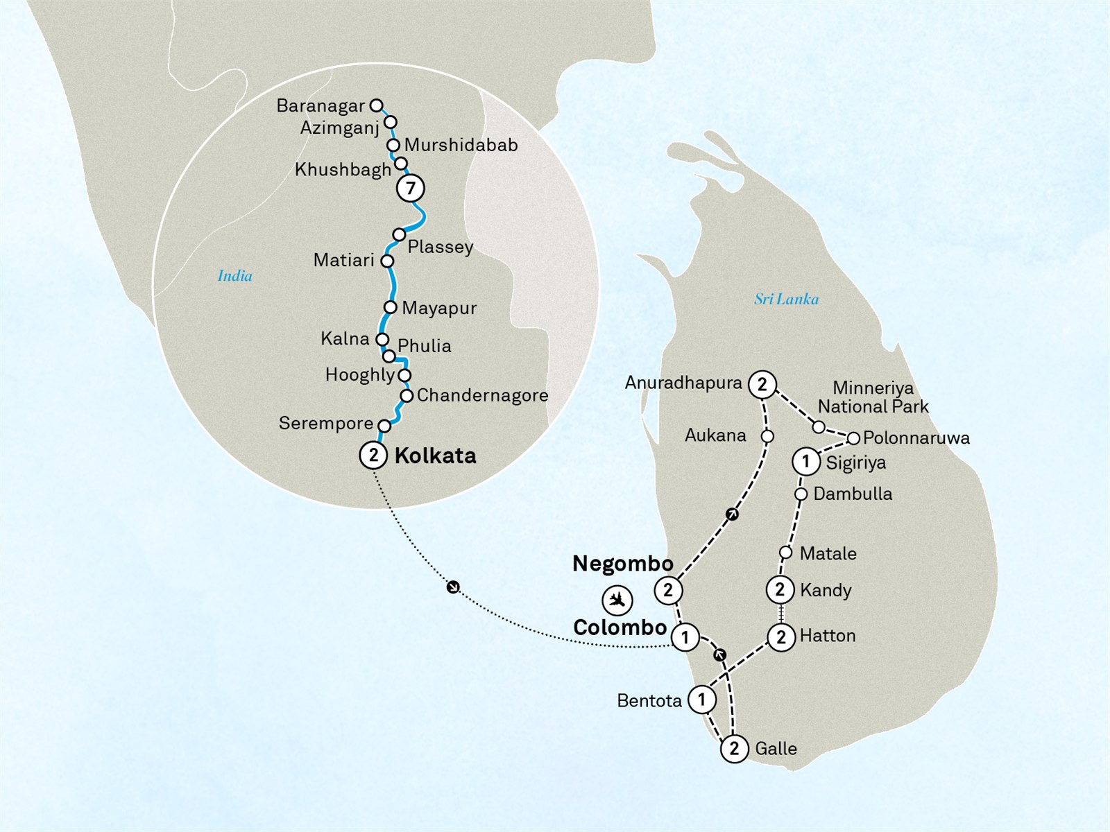 Luxury Lower Ganges River Cruise & Ultimate Sri Lanka: Kolkata to Colombo Scenic itinerary route map for voyage ICSL080128.1