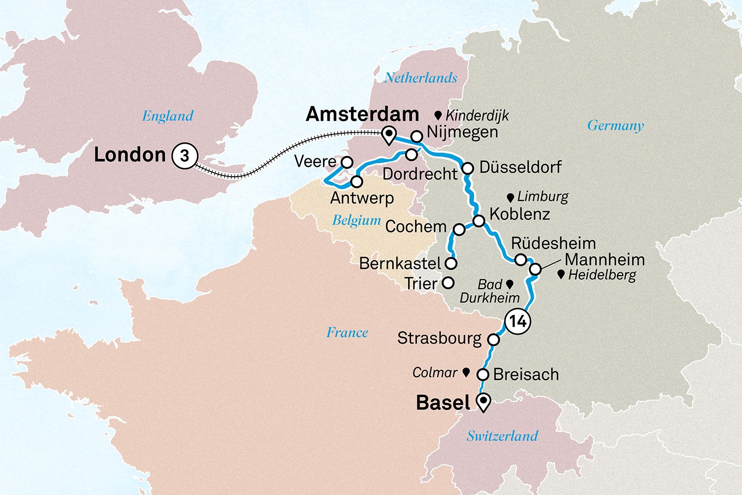 Romantic Rhine & Moselle with London: Basel to London Scenic itinerary route map for voyage LABC120826.2