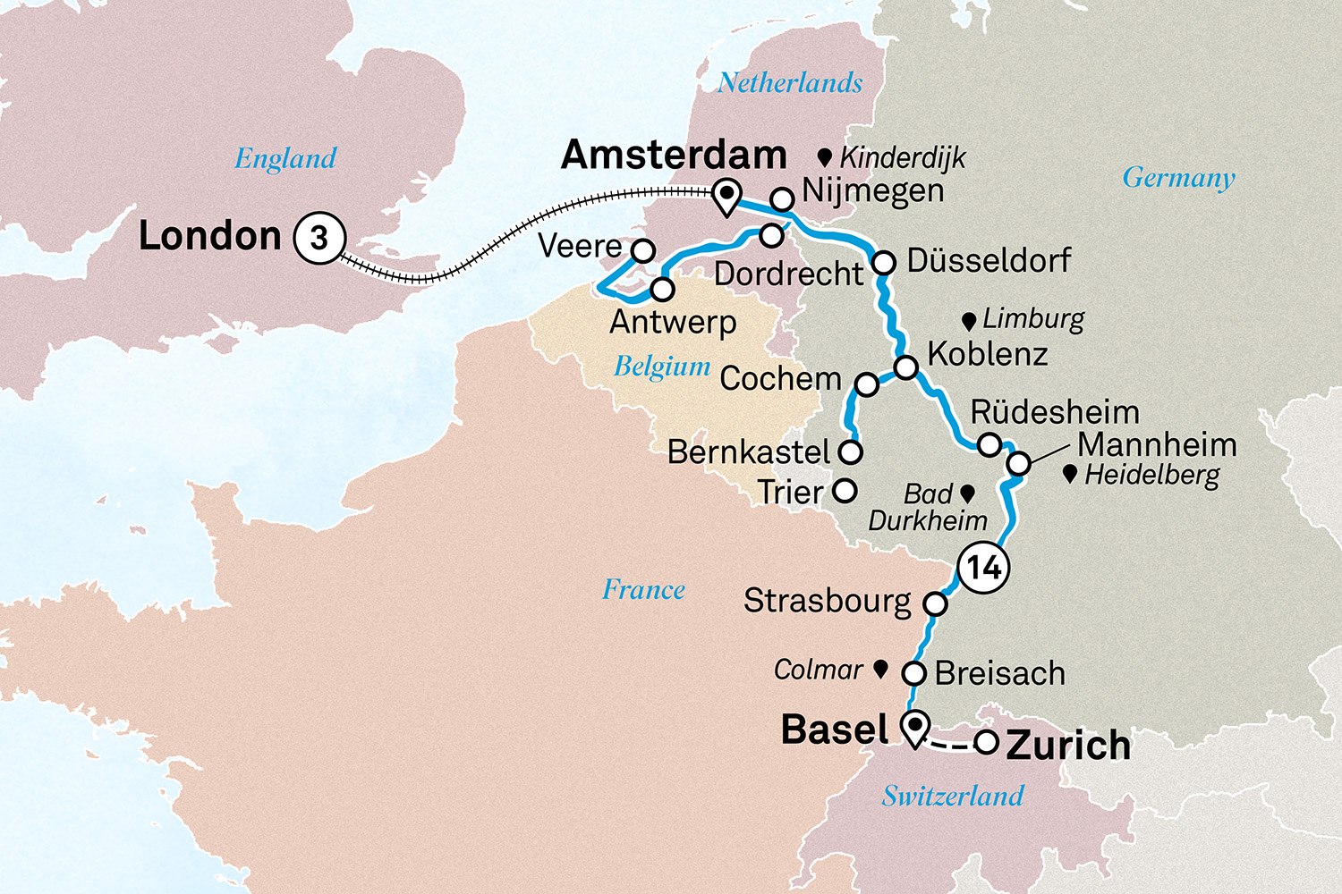Romantic Rhine & Moselle with London: Zurich to London Scenic itinerary route map for voyage LAZC180827.2