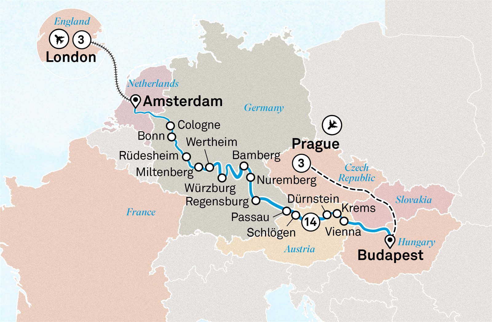 Jewels of Europe with Prague and London Scenic itinerary route map for voyage LCPR290826.2