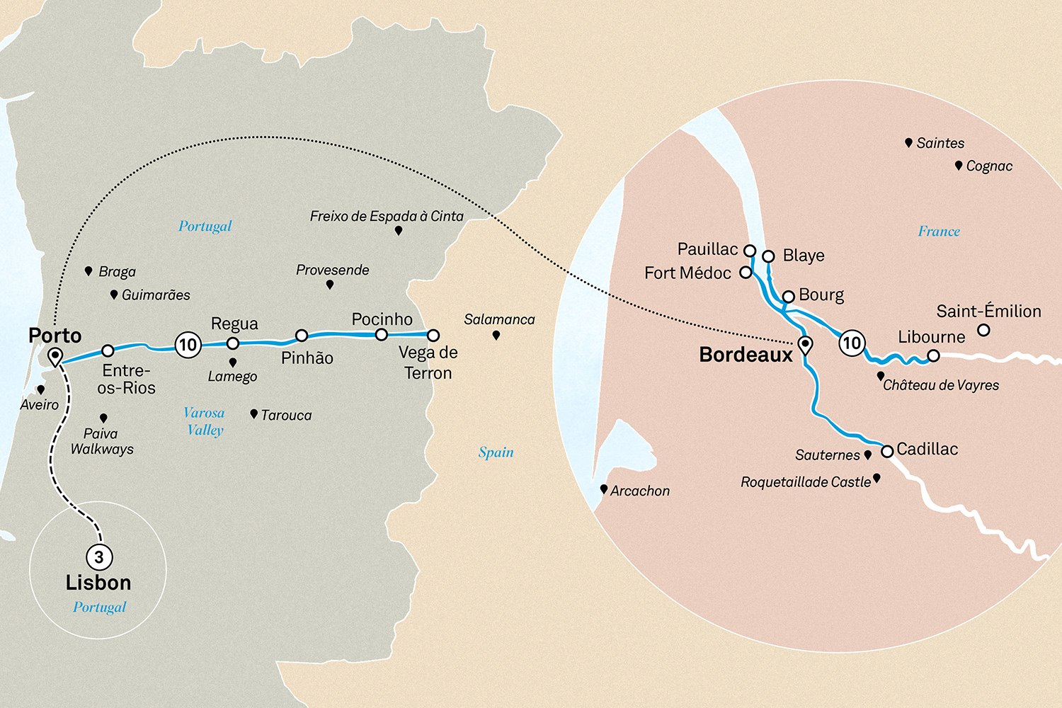 Beautiful Bordeaux & Unforgettable Douro With Lisbon Scenic itinerary route map for voyage LDOB270527.1