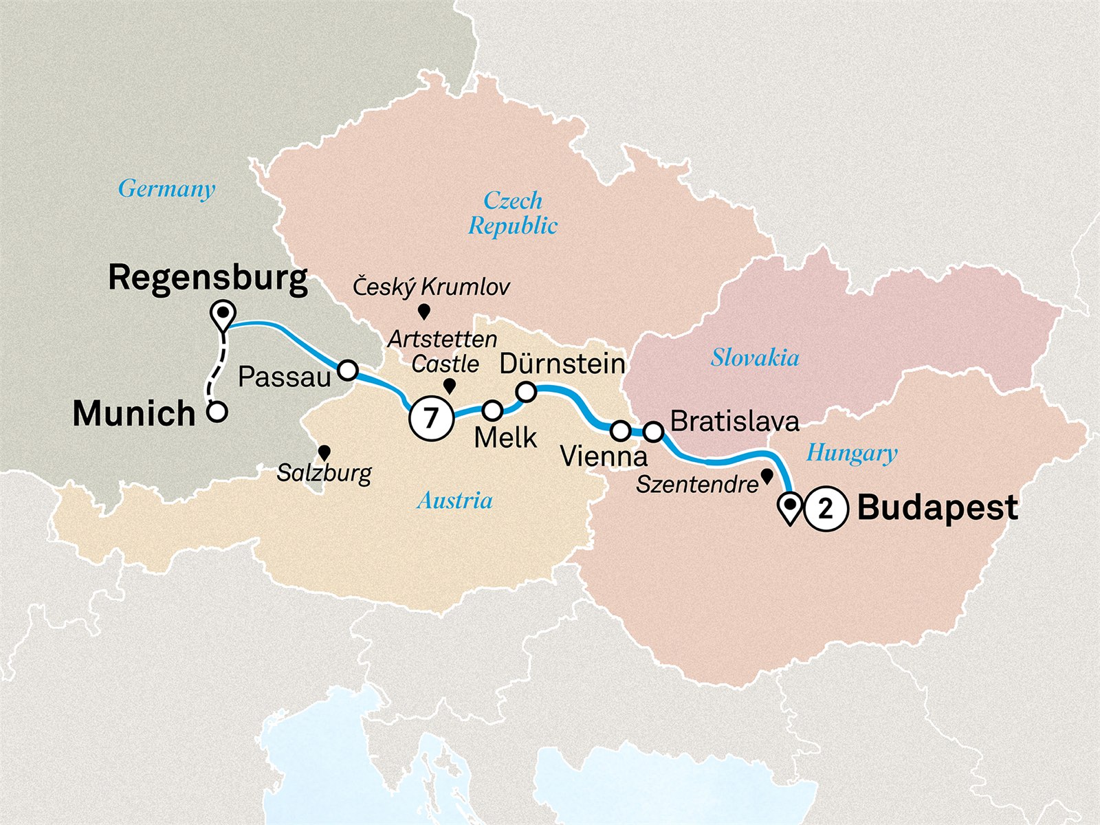 Gems of the Danube with Budapest: Budapest to Munich Scenic itinerary route map for voyage NBBU020828.2