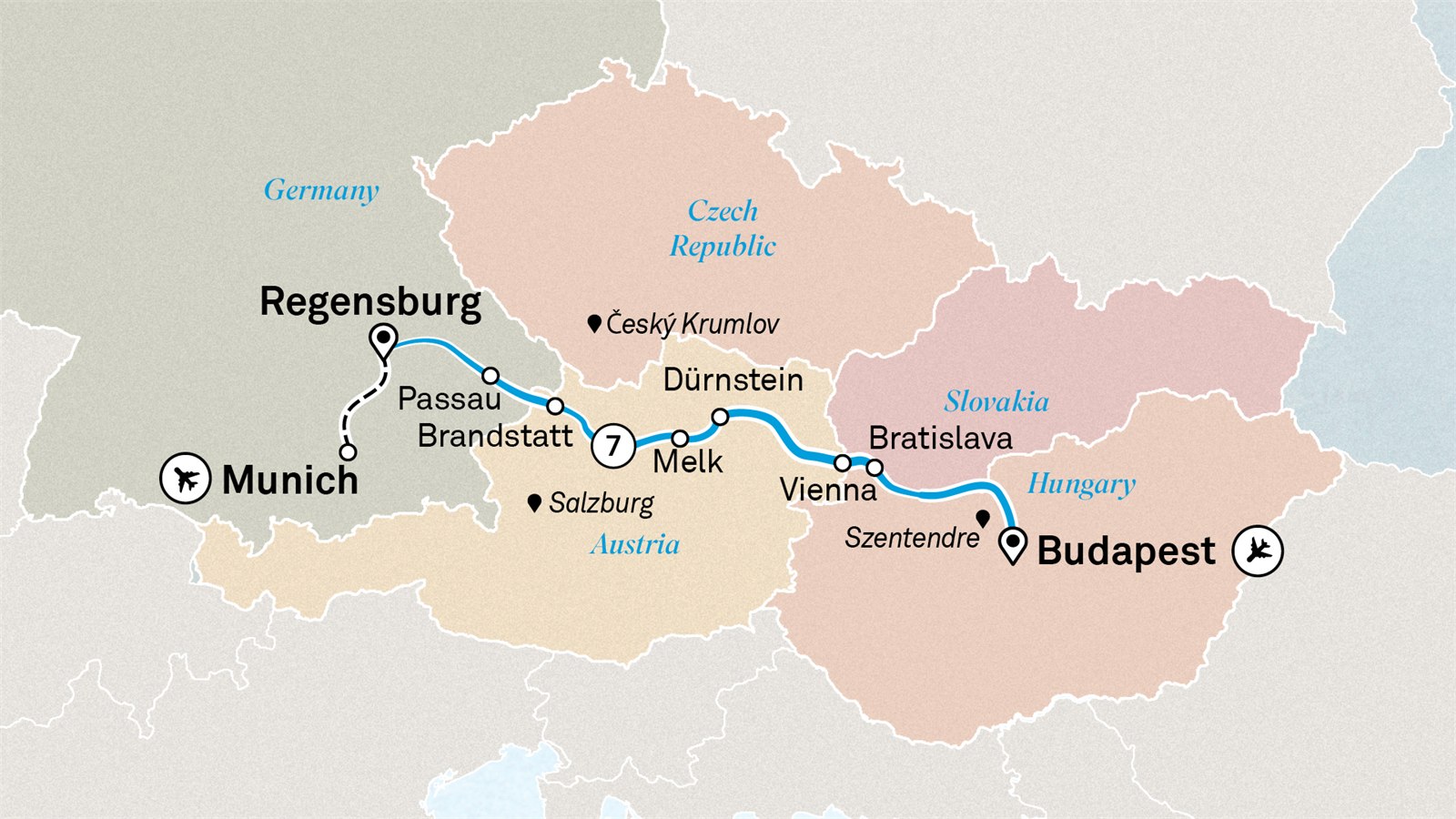 Gems of the Danube: Munich to Budapest Scenic itinerary route map for voyage NBU280927.1