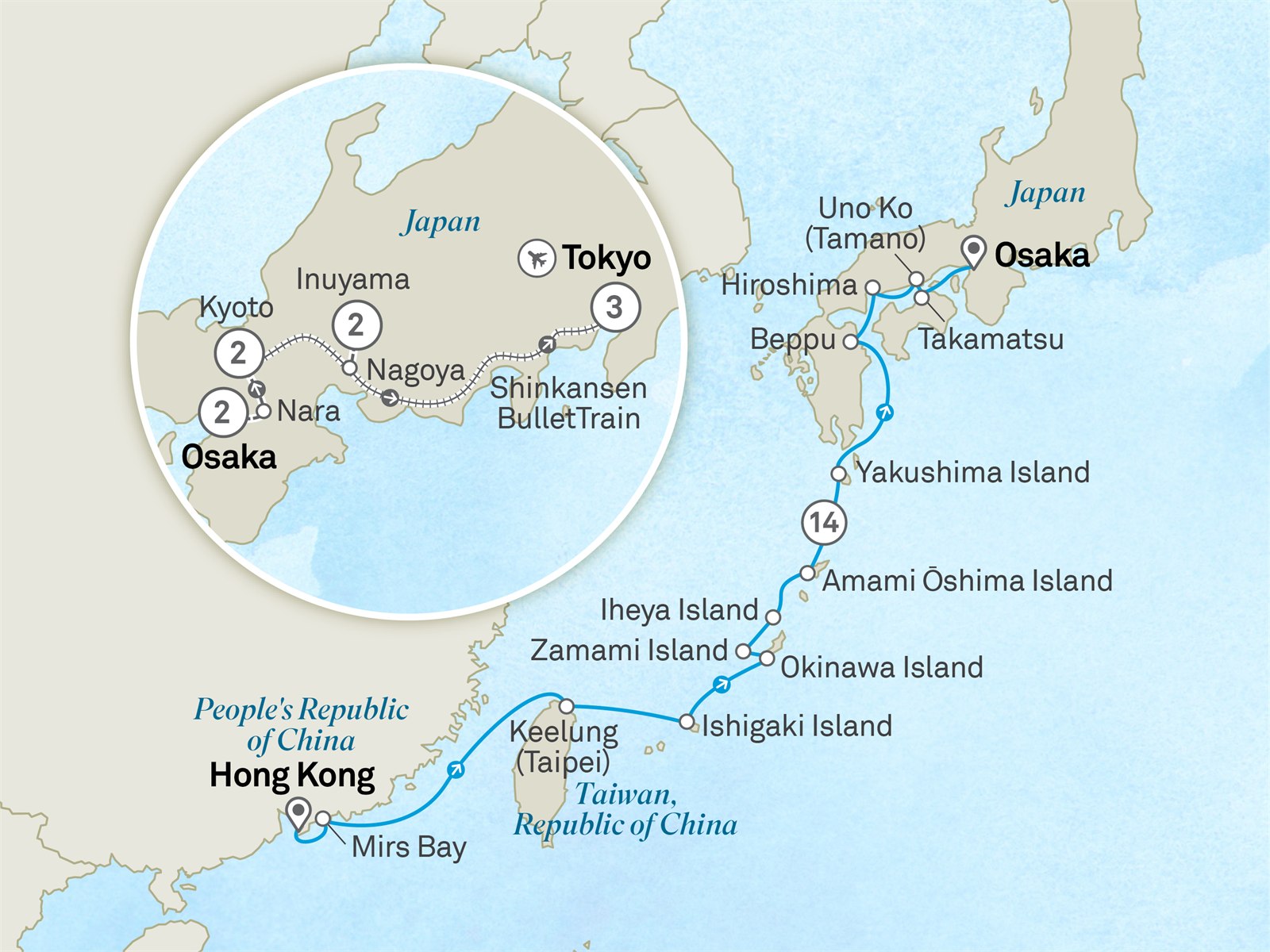Cultural Horizons of Taiwan & Japan’s Southern Golden Highlights - Cruise & Land Journey: Hong Kong to Tokyo Scenic itinerary route map for voyage OAJ1060329.2