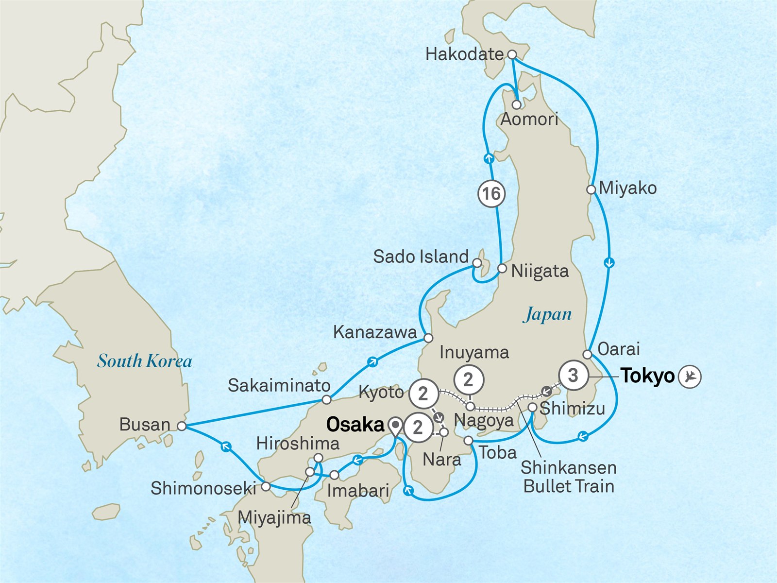 Circumnavigation of Japan: Golden Highlights & Coastal Discovery - Cruise & Land Journey: Tokyo to Osaka Scenic itinerary route map for voyage OAJ2110329.1