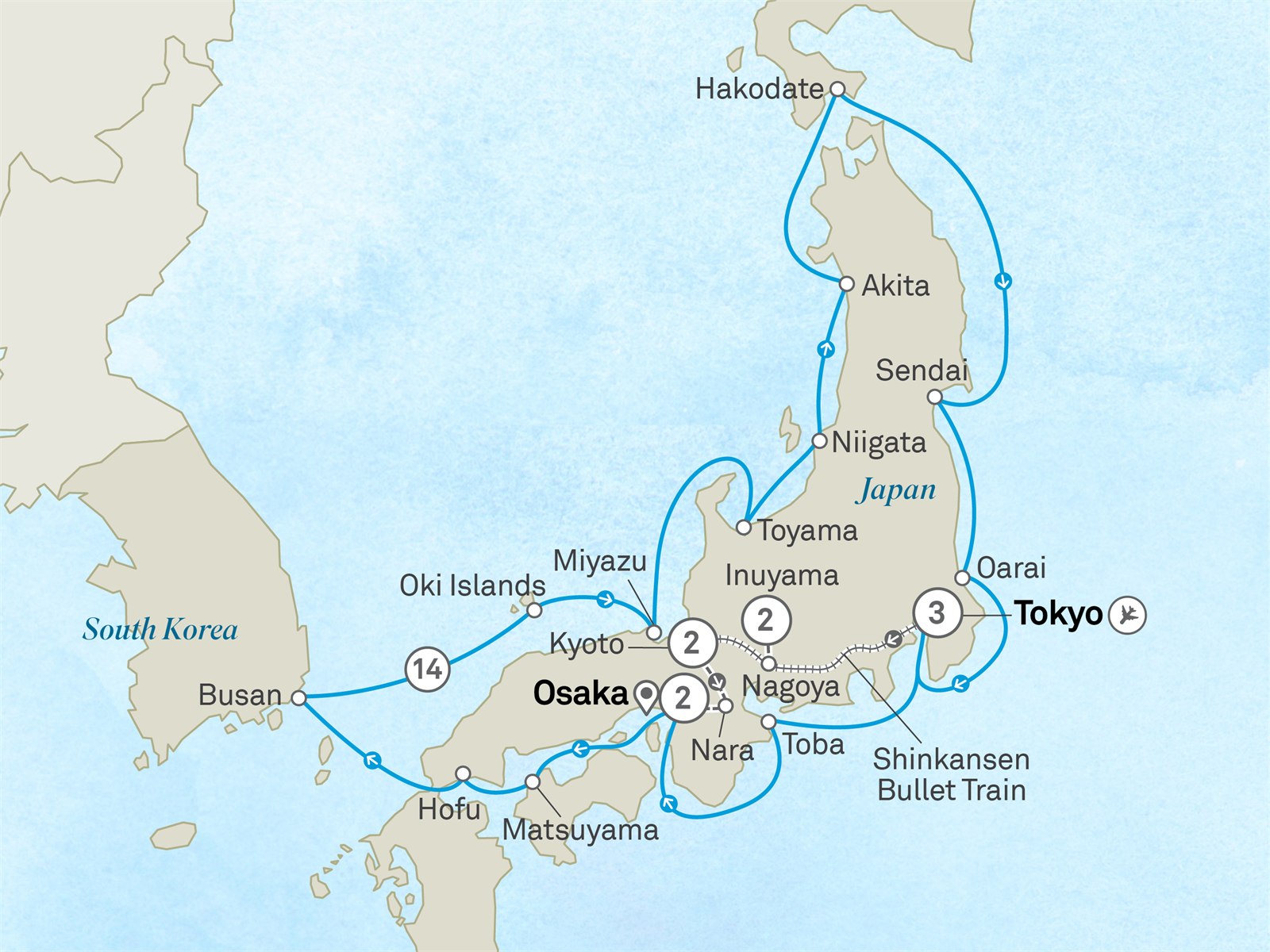 Circumnavigation of Japan: Sacred Isles, Northern Shores & Golden Highlights - Cruise & Land Journey: Tokyo to Osaka Scenic itinerary route map for voyage OAJ3270329.1