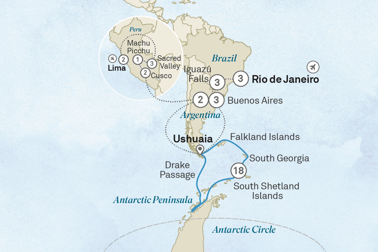 Ultimate Journey: South America, Antarctica & South Georgia: Lima to Rio de Janeiro Scenic itinerary route map for voyage OAL2020229.1