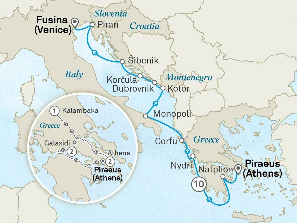 Wonders of Ancient Greece & the Adriatic - Cruise & Land Journey: Athens to Venice Scenic itinerary route map for voyage ODG1010628.1
