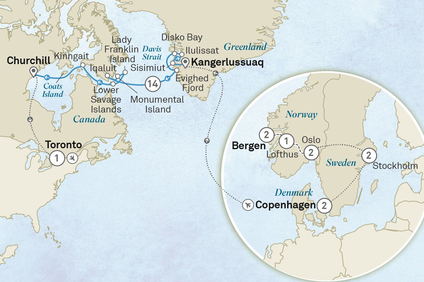 Scandinavian Discovery & the Canadian Arctic - Cruise & Land journey: Bergen to Toronto Scenic itinerary route map for voyage OE09050828.1