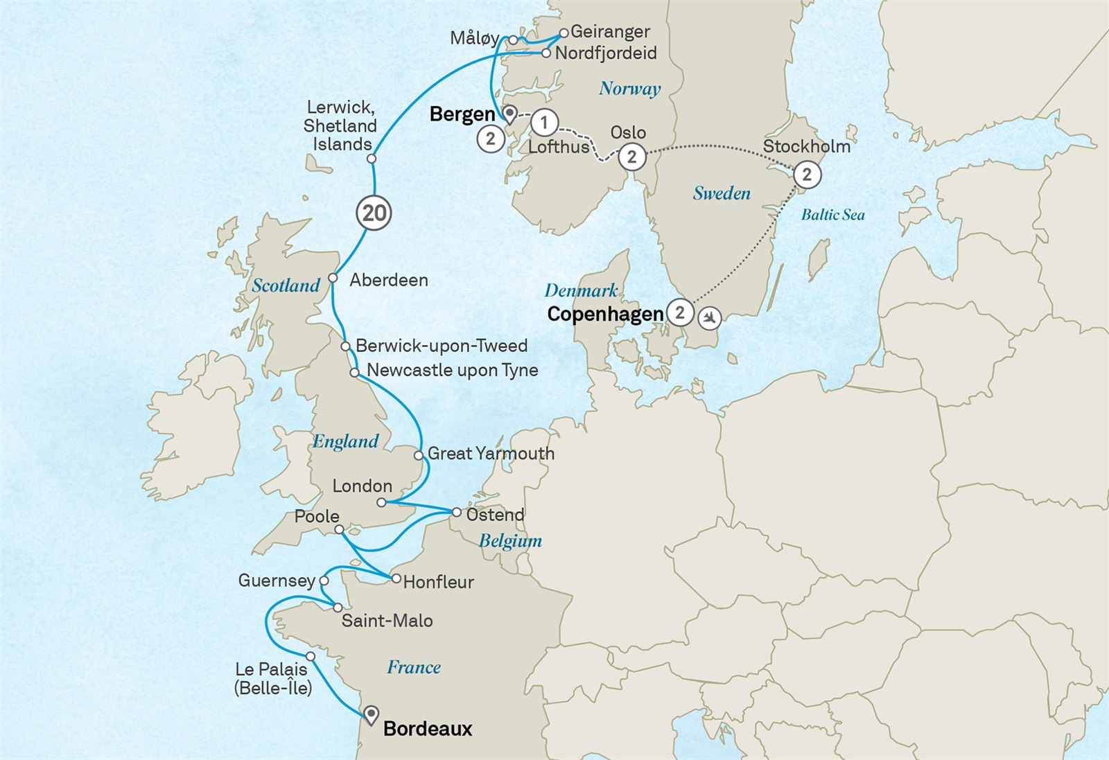 Ultimate European Voyage: Bordeaux to the Scandinavian Fjords - Cruise & Land Journey: Bordeaux to Copenhagen Scenic itinerary route map for voyage OE12260727.2