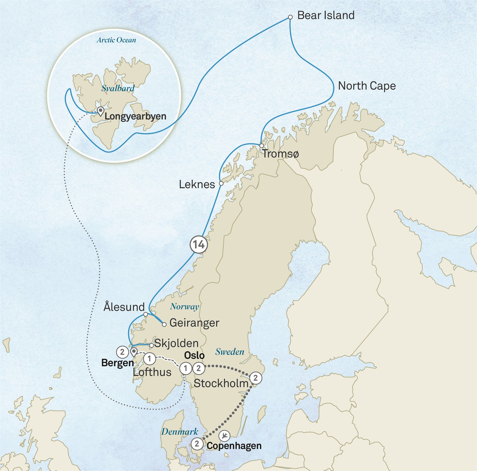 Scandinavian Discovery & Arctic Wonders - Cruise & Land Journey: Copenhagen to Oslo Scenic itinerary route map for voyage OE14140628.1