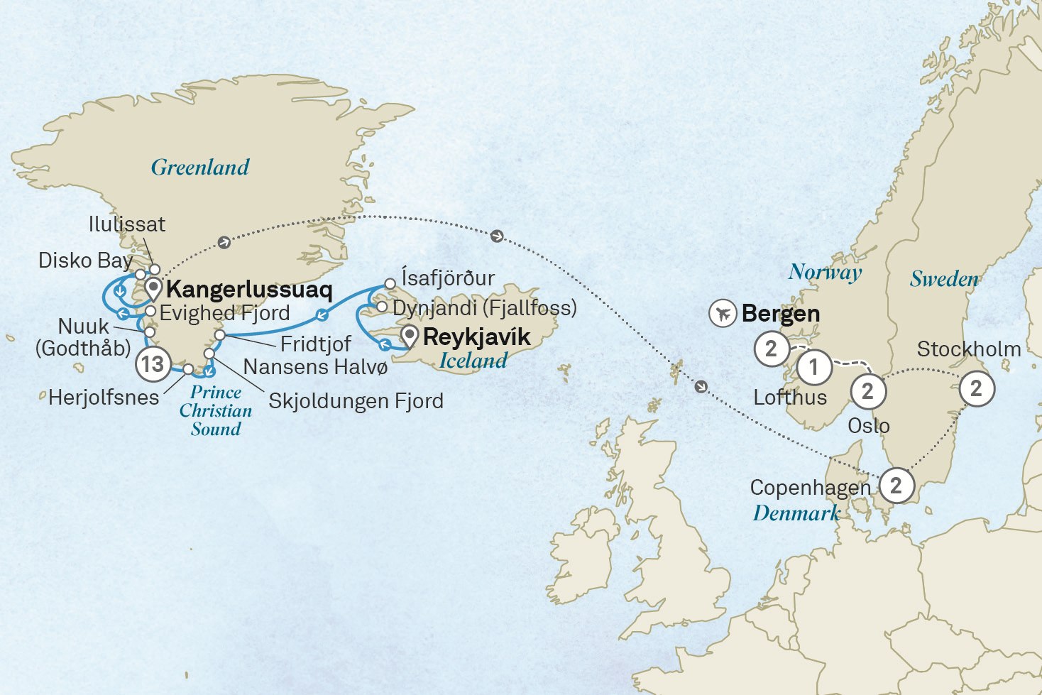 Arctic Wonders of Greenland, Iceland & Scandinavia Cruise & Land Journey: Reykjavik to Bergen Scenic itinerary route map for voyage OE18010828.2