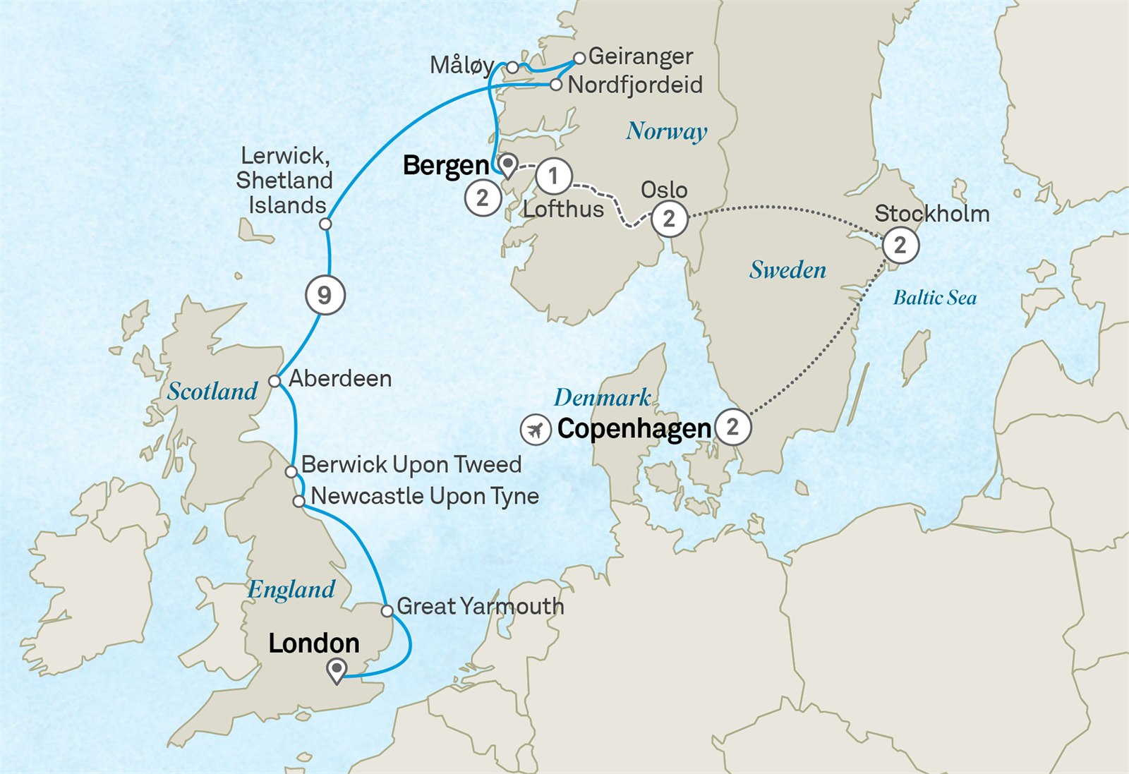 Scandinavian Discovery & Norwegian Fjords - Cruise & Land Journey: London to Copenhagen Scenic itinerary route map for voyage OE19060827.2