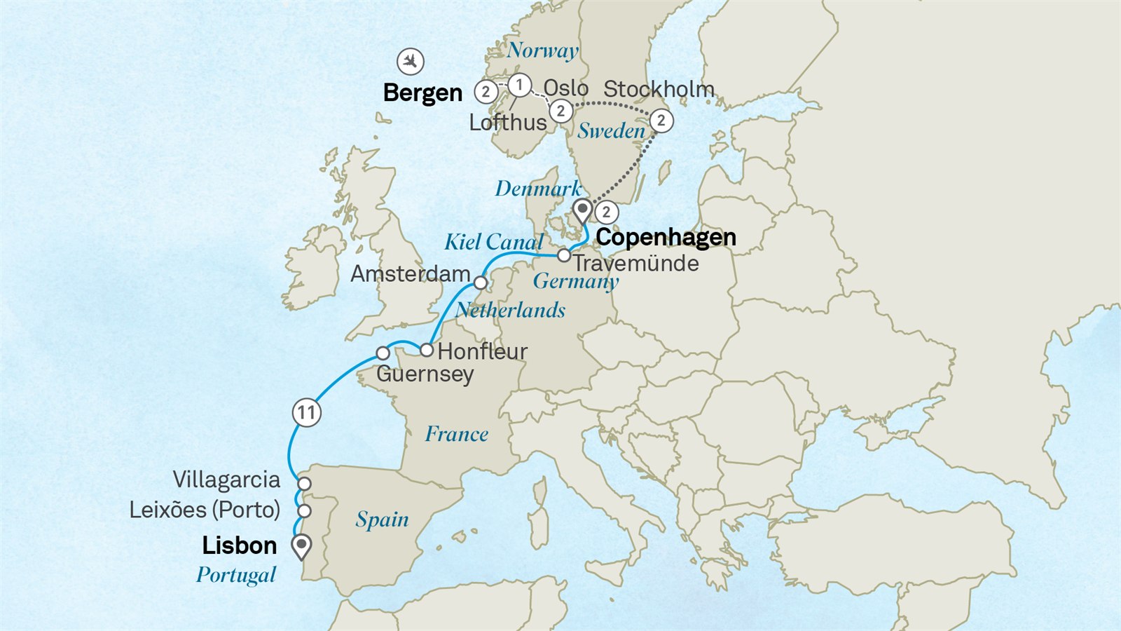 European Wonders: Scandinavia to Portugal - Cruise & Land Journey: Bergen to Lisbon Scenic itinerary route map for voyage OE22300827.1