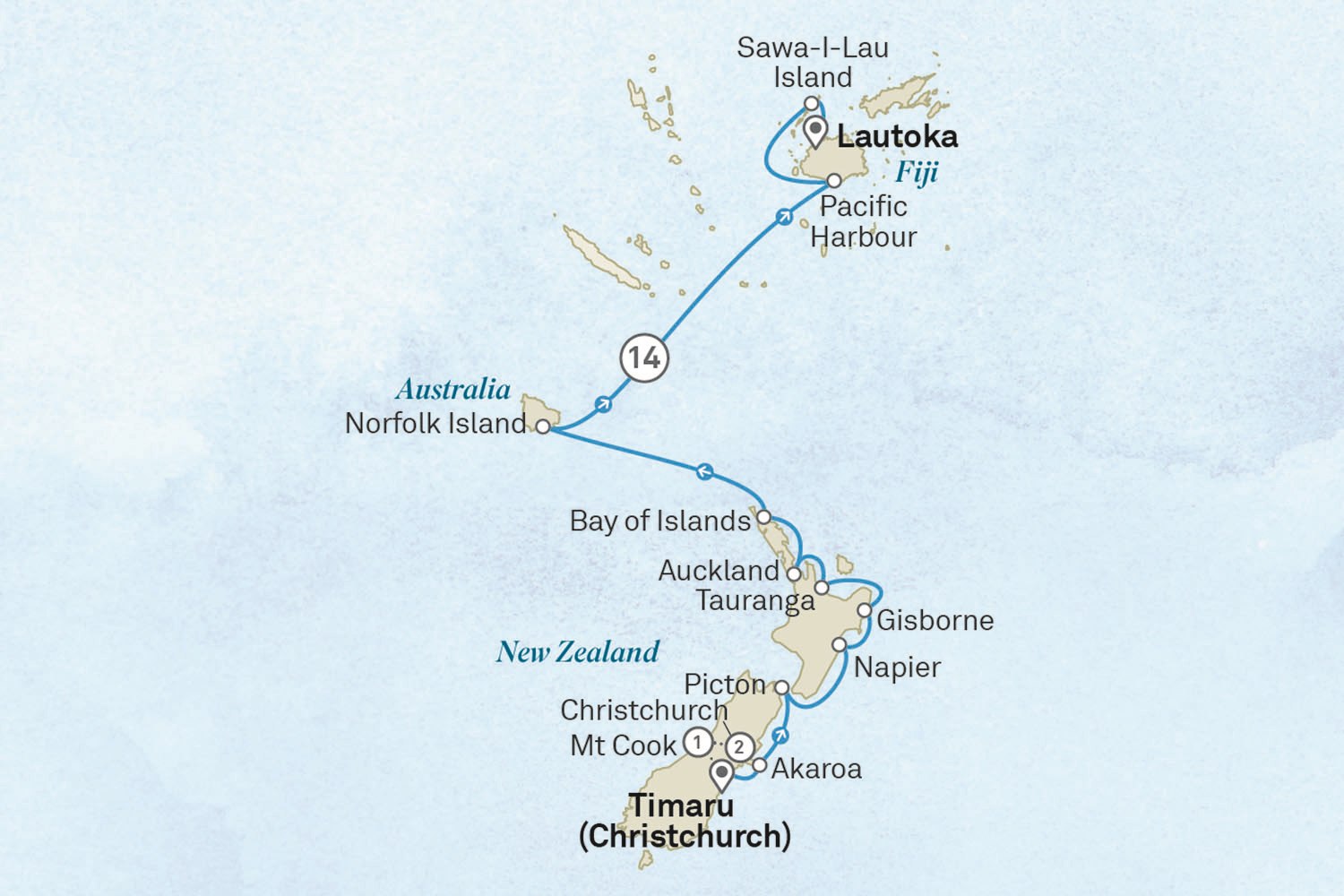 New Zealand, Norfolk and Fiji Treasures - Cruise & Land Journey: Christchurch to Nadi Scenic itinerary route map for voyage OFC4250129.1