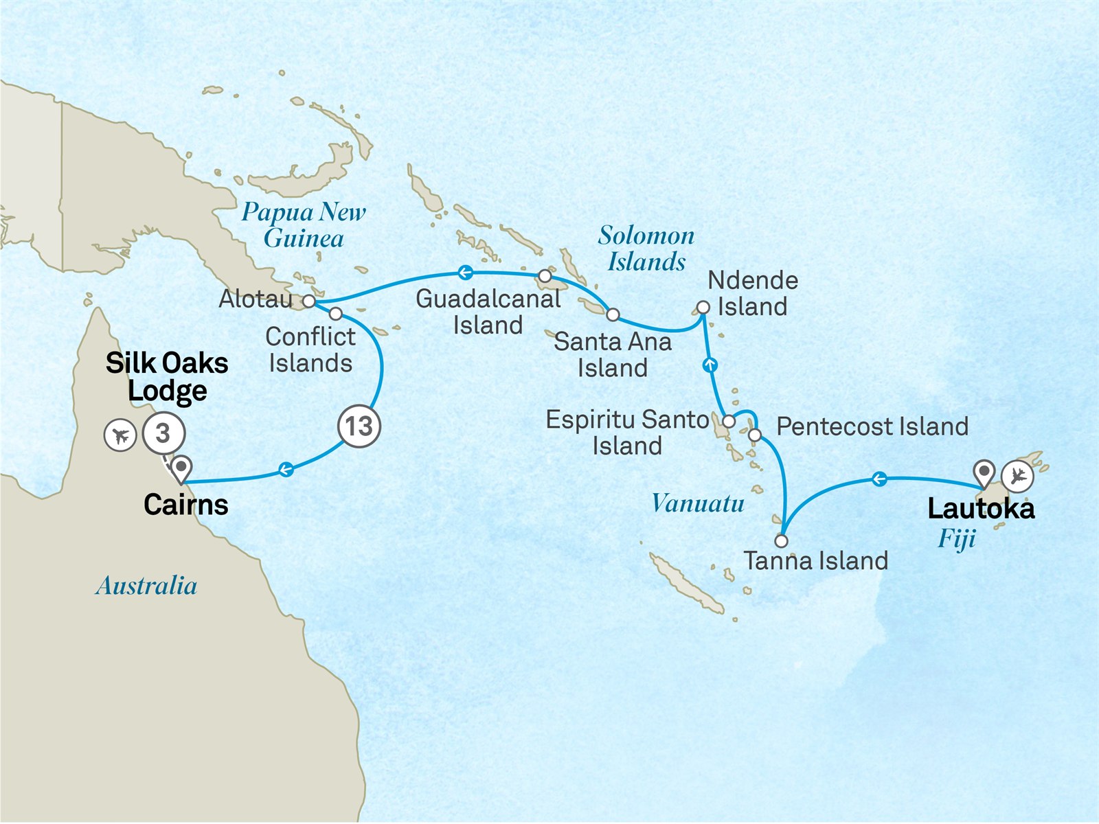 Solomon Islands, Papua New Guinea & the Daintree - Cruise & Land Journey: Nadi to Cairns Scenic itinerary route map for voyage OFC6250428.2