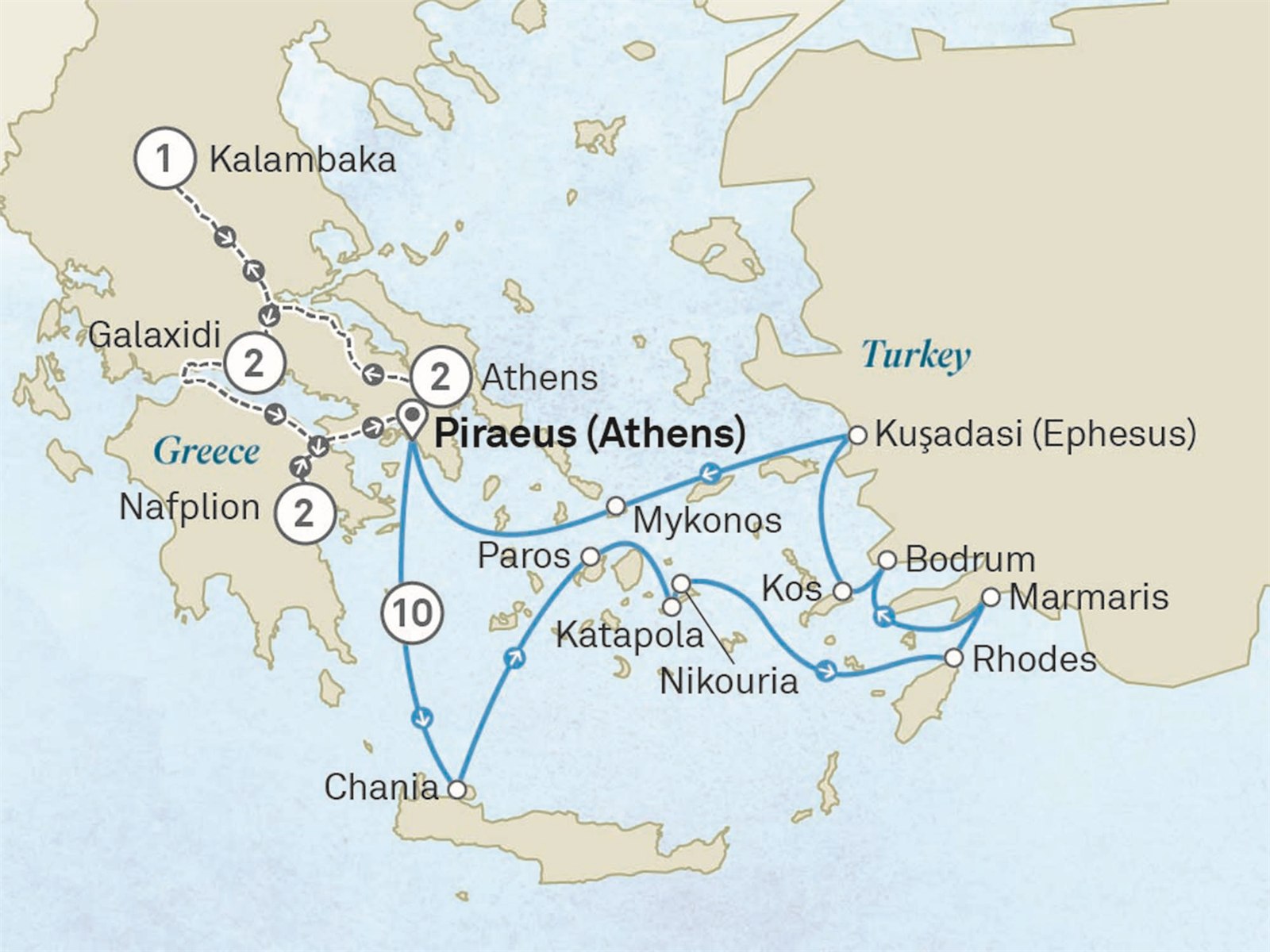 Wonders of Ancient Greece & the Aegean Riviera - Cruise & Land Journey: Athens to Athens (Piraeus) Scenic itinerary route map for voyage OGG1200528.1