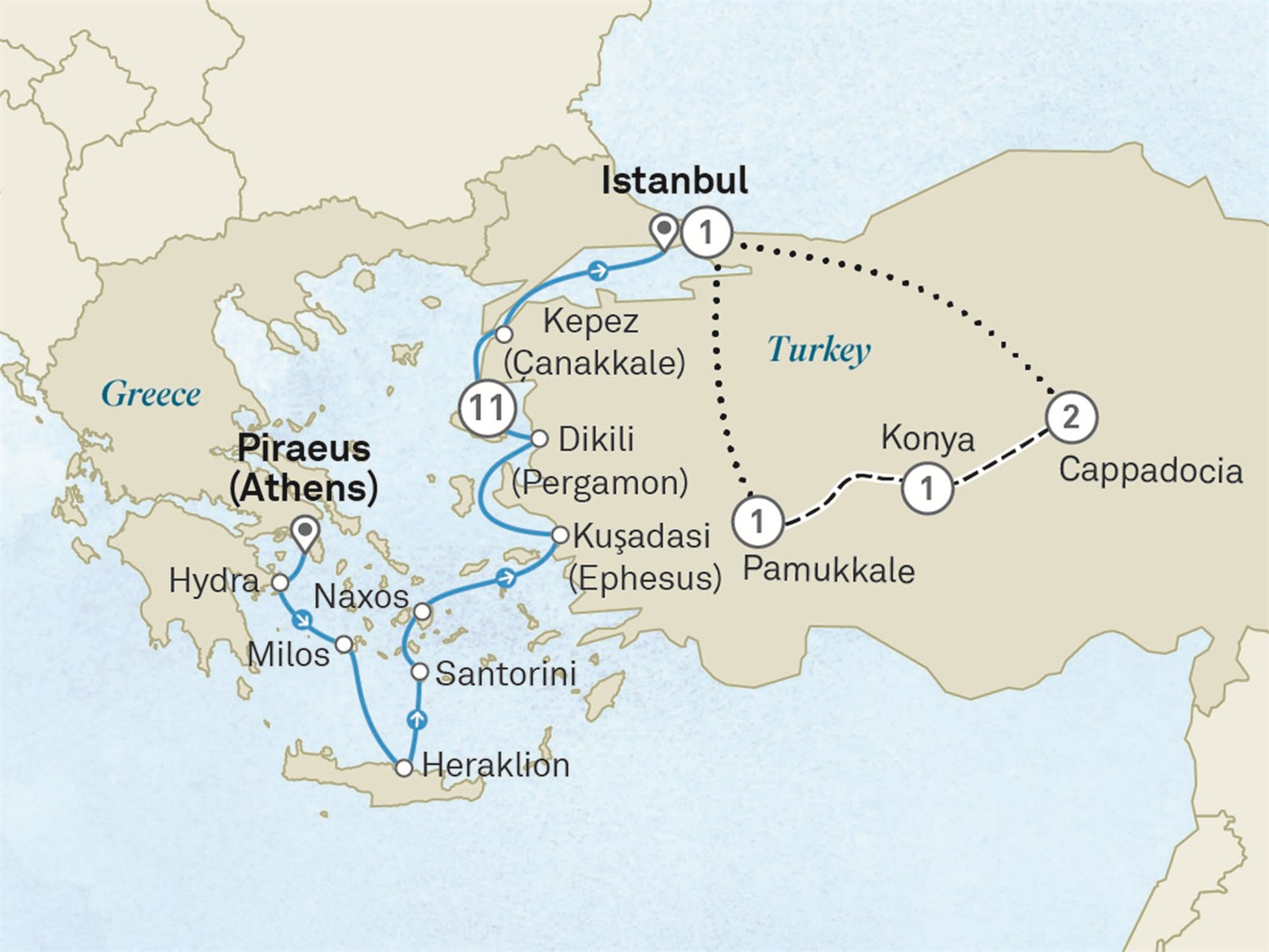 Ancient Empires: Turkey, Istanbul & Athens - Cruise & Land Journey: Istanbul to Athens (Piraeus) Scenic itinerary route map for voyage OGT9070828.1