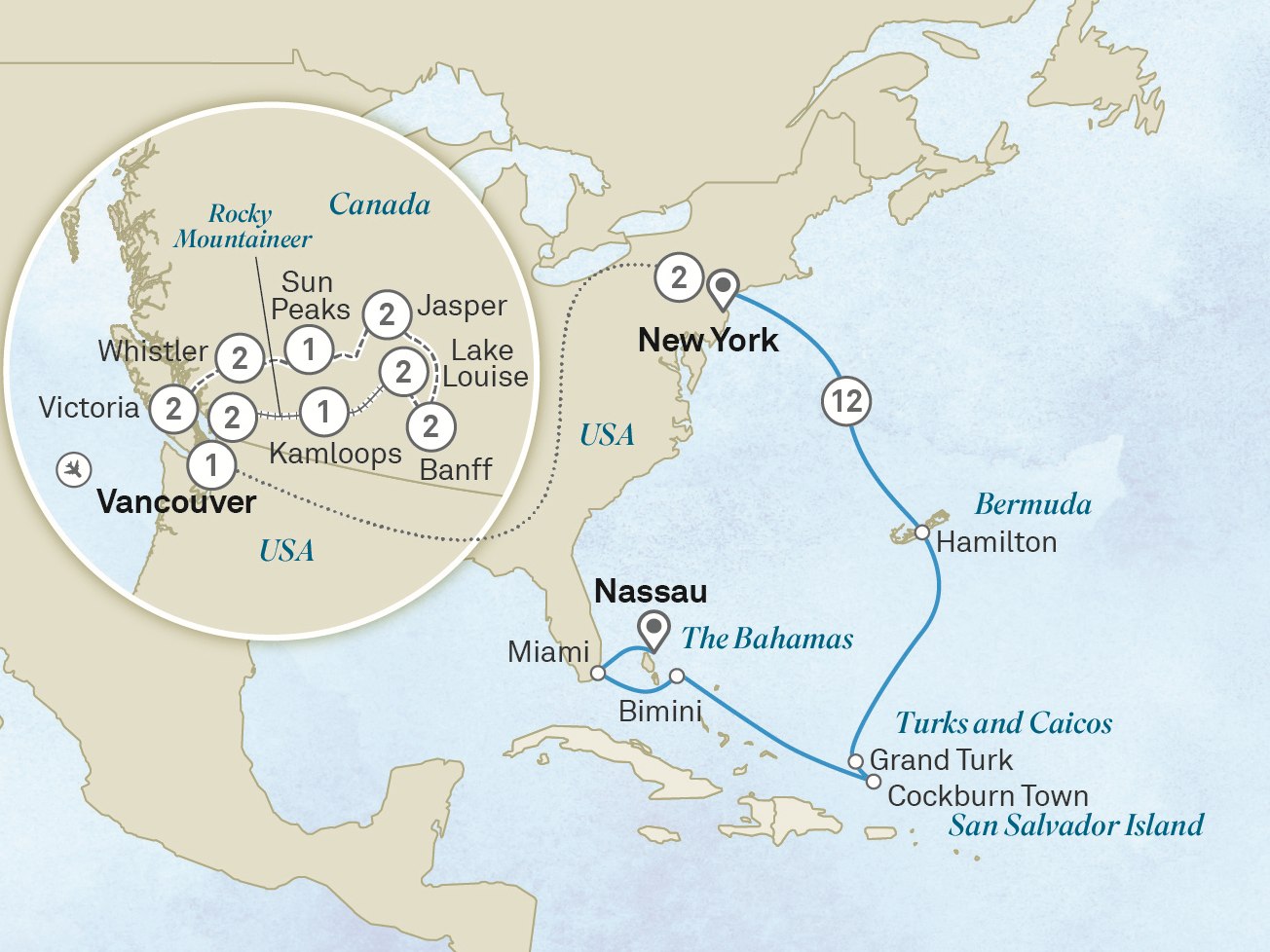 Highlights of the Rockies & Bahamas Discovery - Cruise & Land Journey: Vancouver to Nassau Scenic itinerary route map for voyage OJR5110927.1