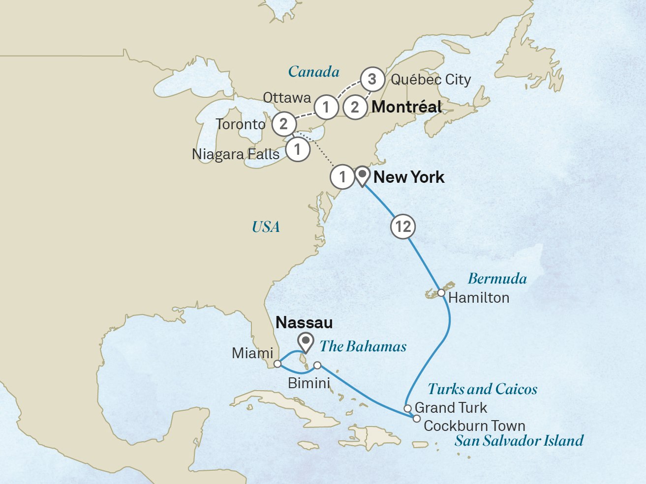 Eastern Canada, USA & Bahamas Discovery - Cruise & Land Journey: Montreal to Nassau Scenic itinerary route map for voyage OJT5180927.1